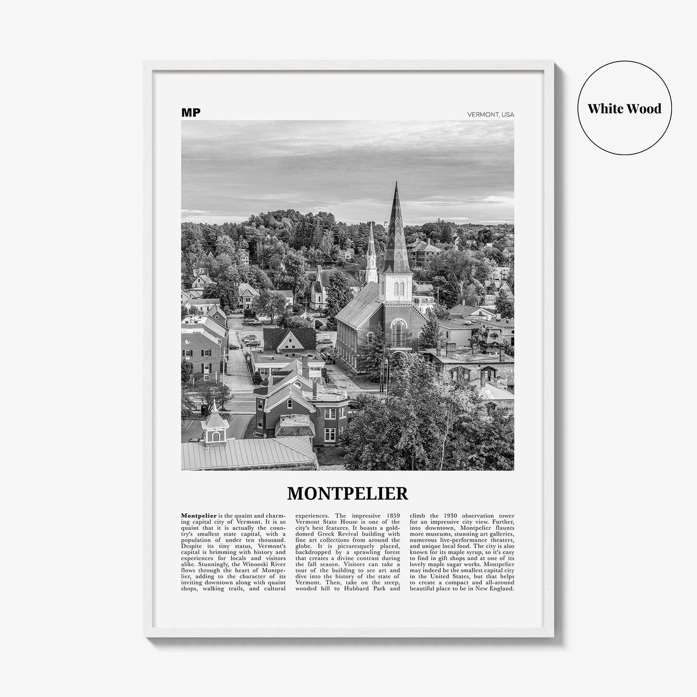 Montpelier Print Black and White, Montpelier Wall Art, Montpelier Poster, Montpelier Photo, Montpelier Décor, Montpelier Map, Vermont, USA