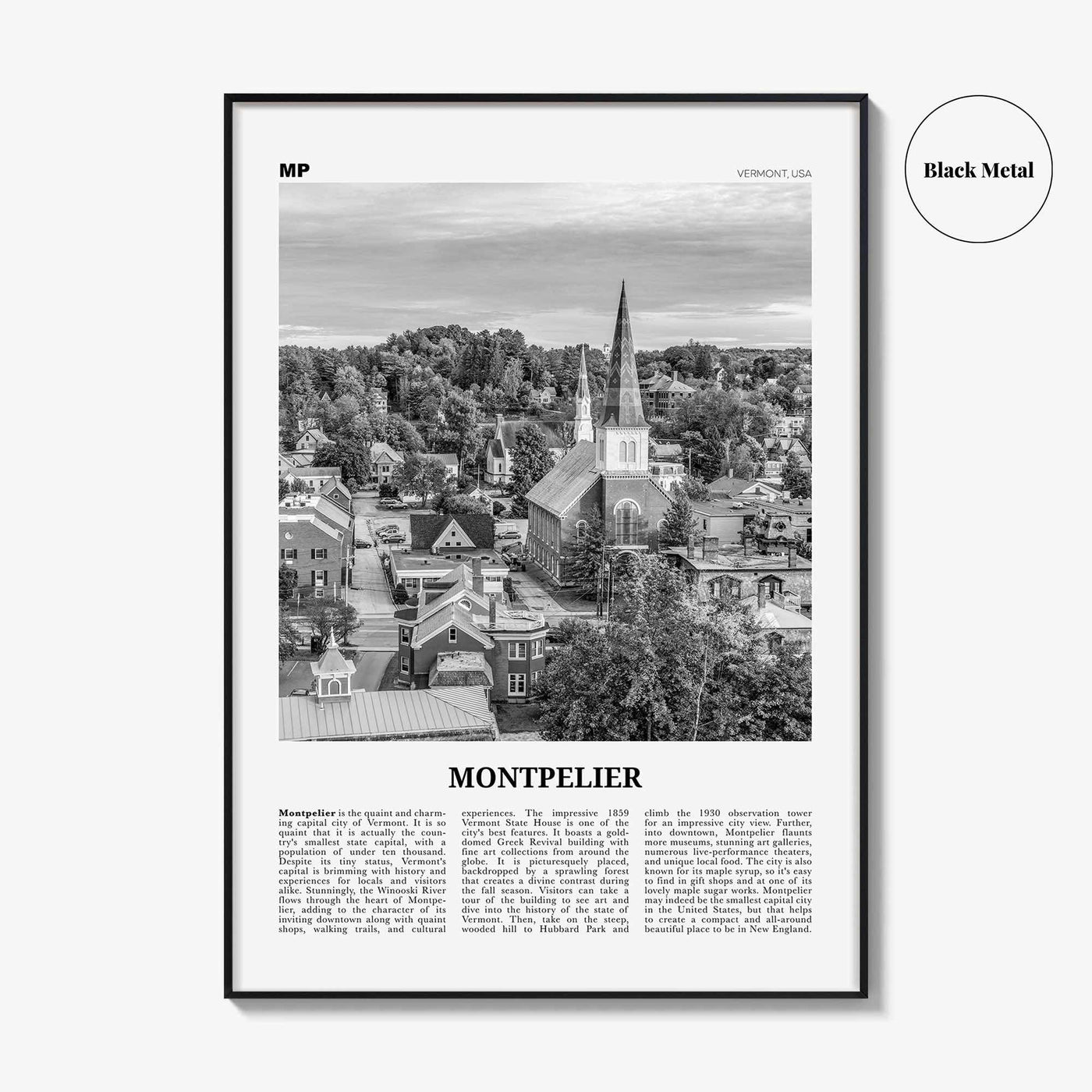 Montpelier Print Black and White, Montpelier Wall Art, Montpelier Poster, Montpelier Photo, Montpelier Décor, Montpelier Map, Vermont, USA