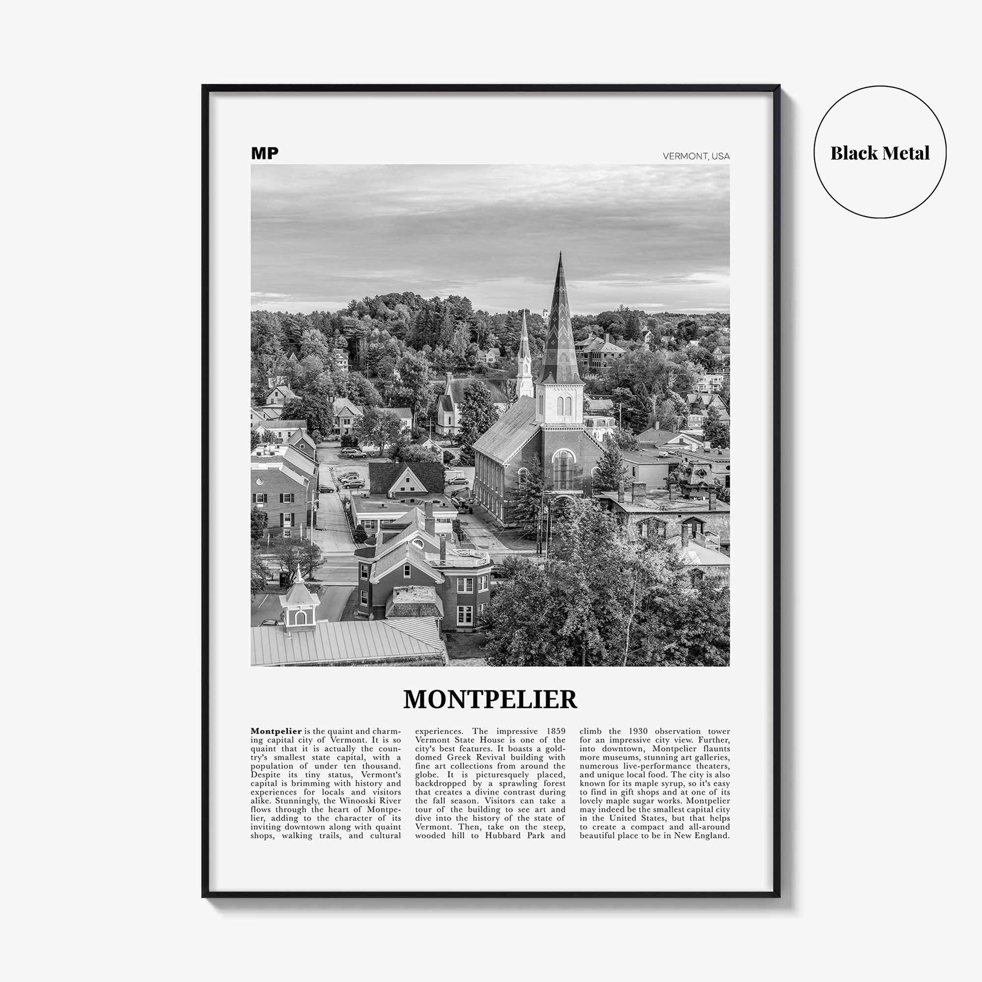 Montpelier Print Black and White, Montpelier Wall Art, Montpelier Poster, Montpelier Photo, Montpelier Décor, Montpelier Map, Vermont, USA
