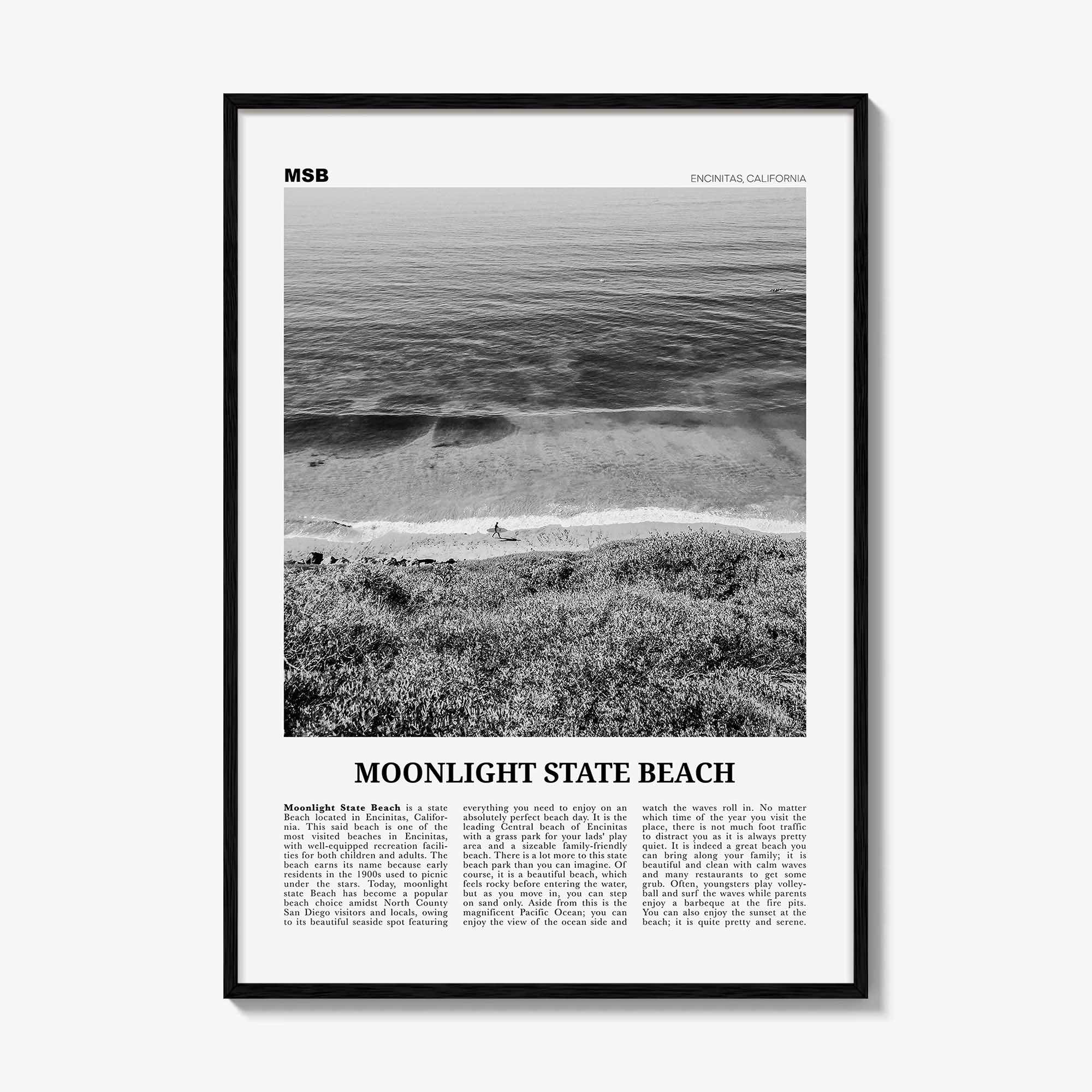 Moonlight State Beach Print Black and White, Moonlight State Beach Wall Art, Moonlight State Beach Poster, Encinitas, California, USA
