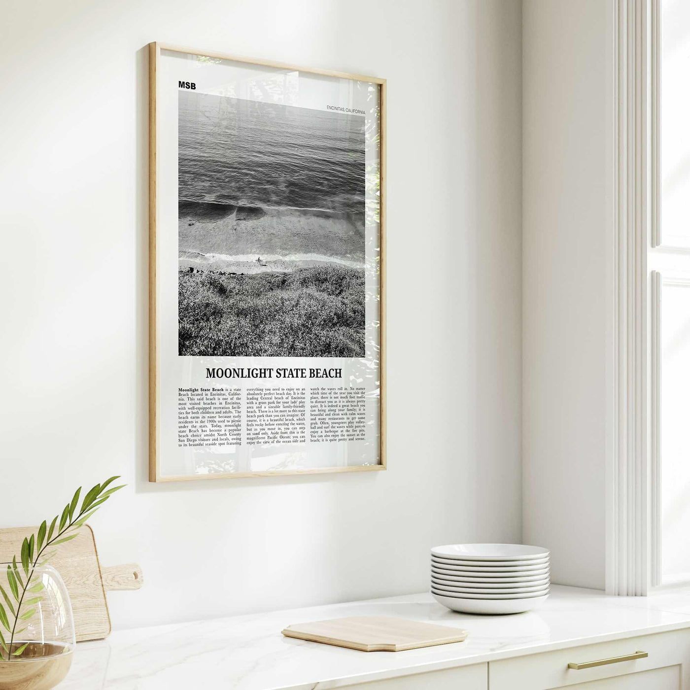 Moonlight State Beach Print Black and White, Moonlight State Beach Wall Art, Moonlight State Beach Poster, Encinitas, California, USA