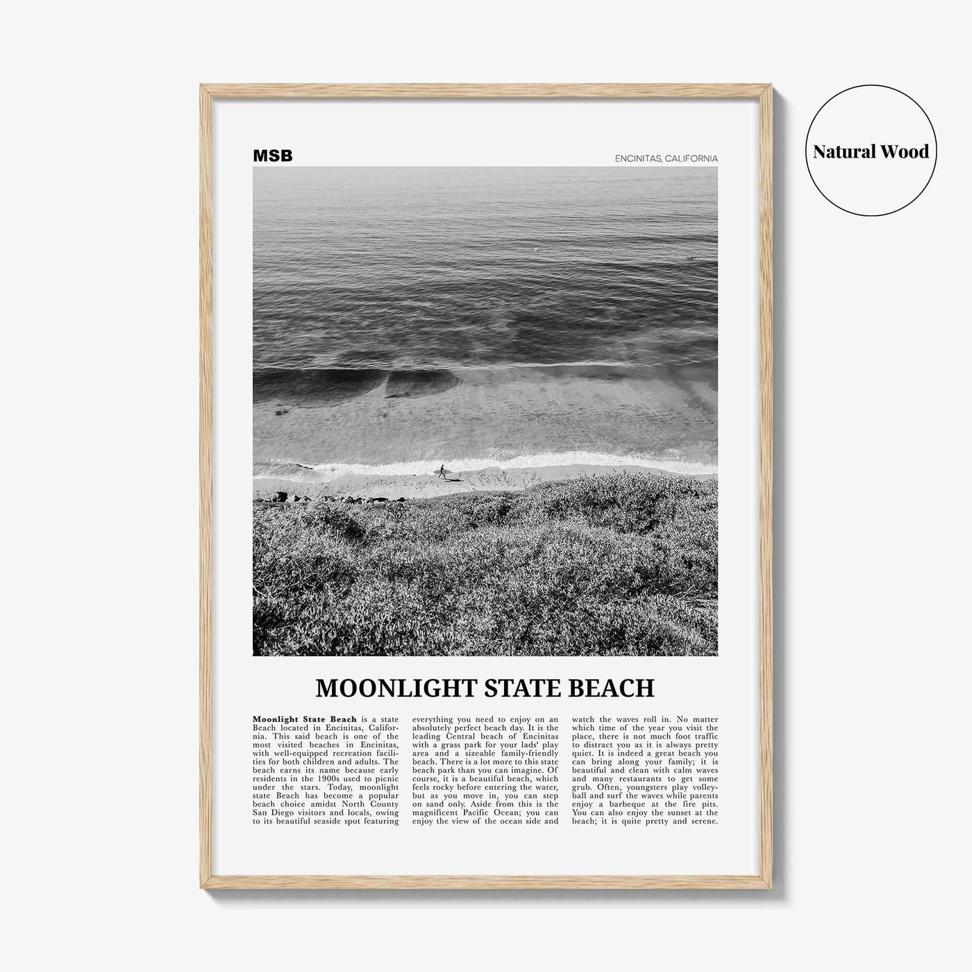 Moonlight State Beach Print Black and White, Moonlight State Beach Wall Art, Moonlight State Beach Poster, Encinitas, California, USA