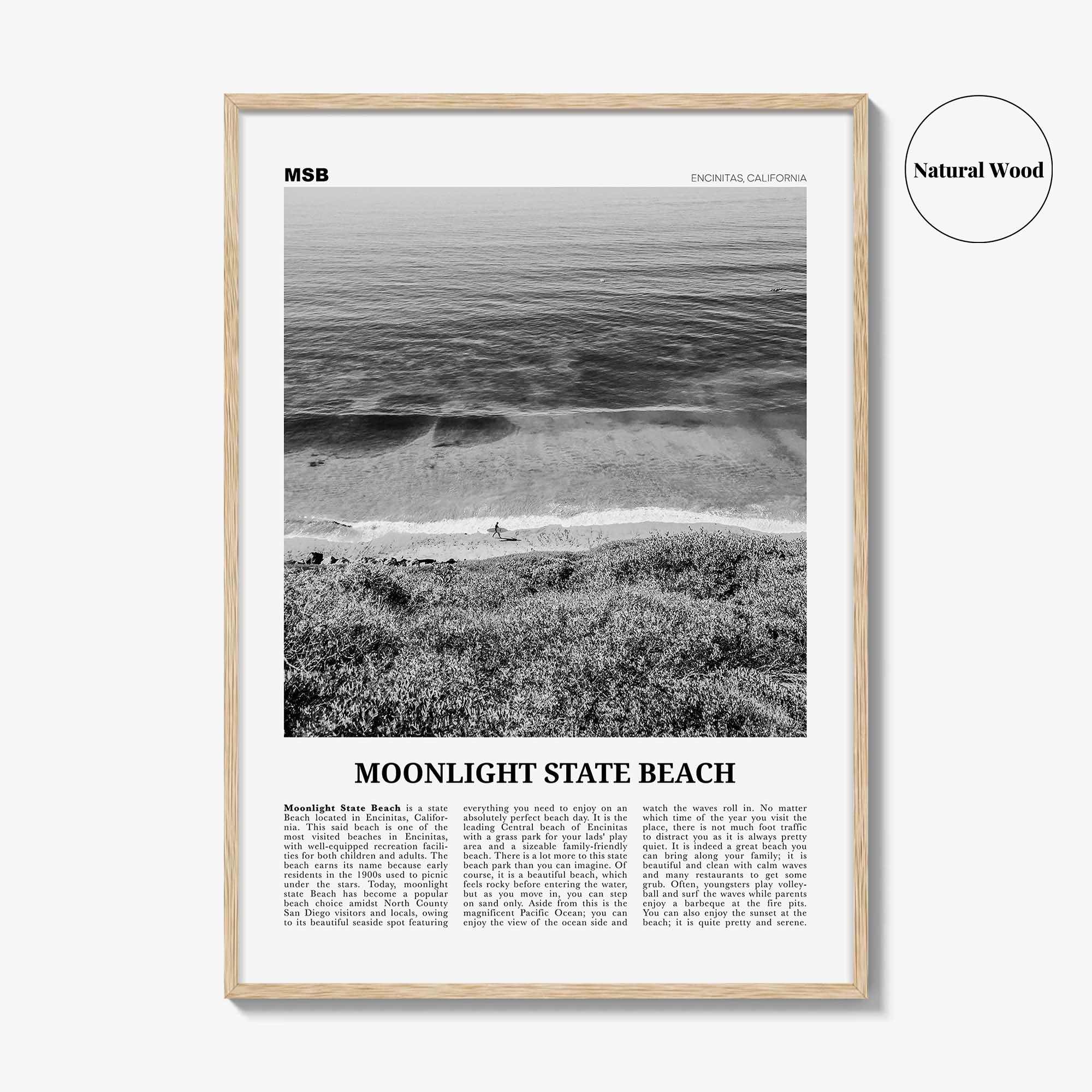 Moonlight State Beach Print Black and White, Moonlight State Beach Wall Art, Moonlight State Beach Poster, Encinitas, California, USA
