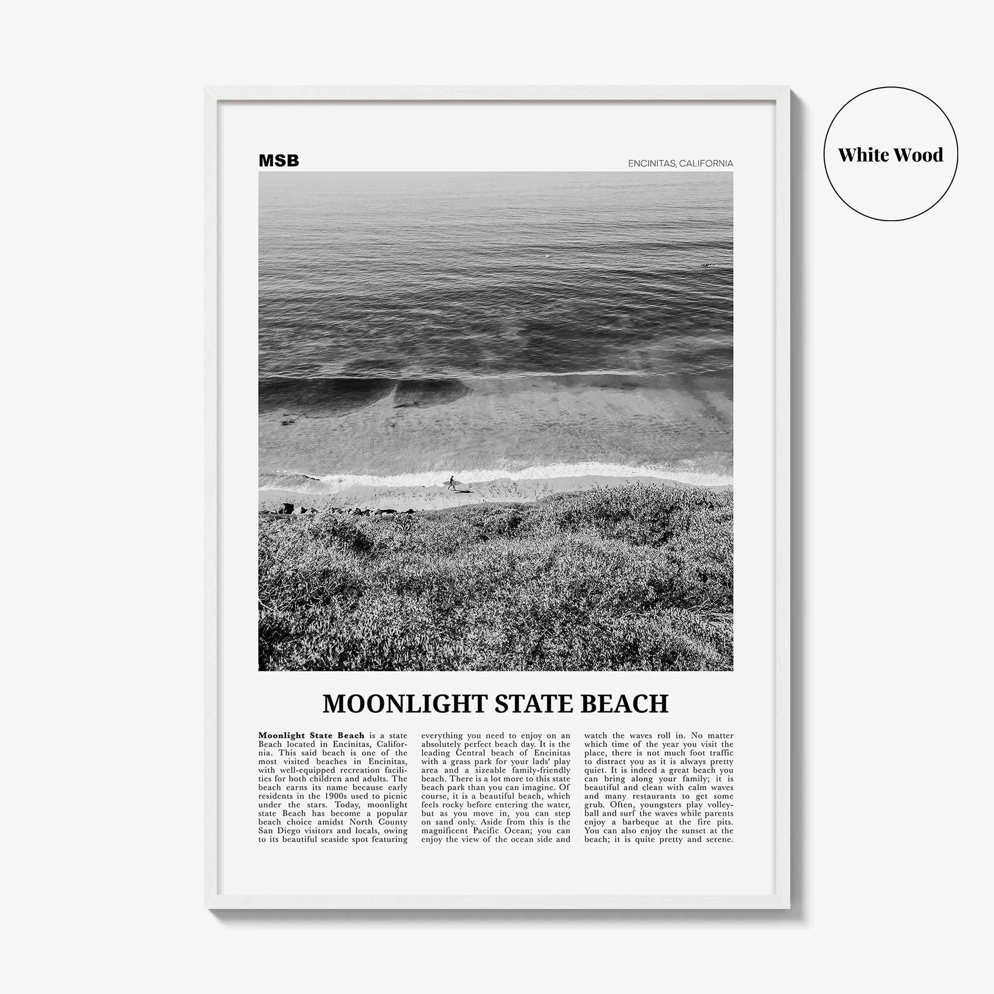 Moonlight State Beach Print Black and White, Moonlight State Beach Wall Art, Moonlight State Beach Poster, Encinitas, California, USA
