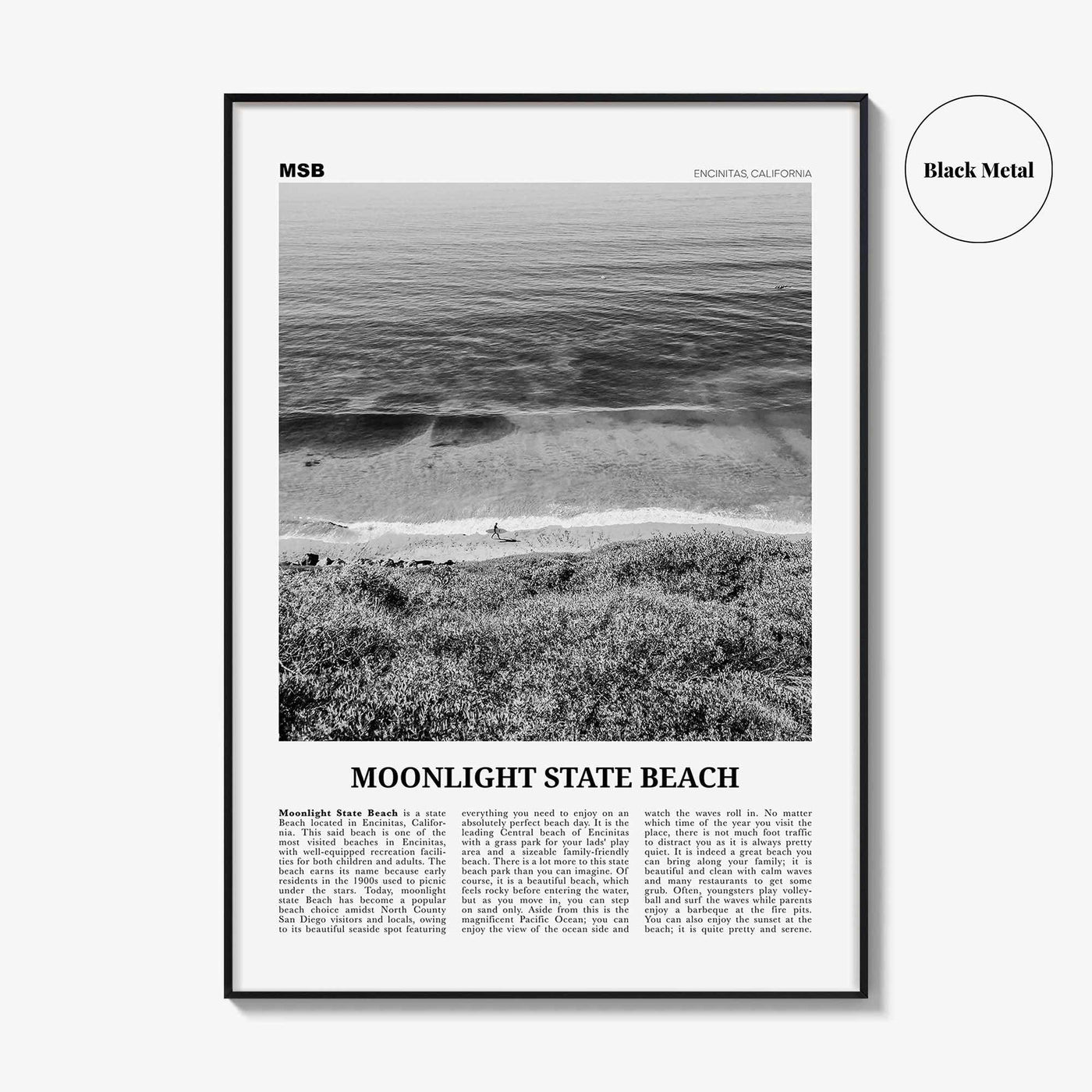 Moonlight State Beach Print Black and White, Moonlight State Beach Wall Art, Moonlight State Beach Poster, Encinitas, California, USA