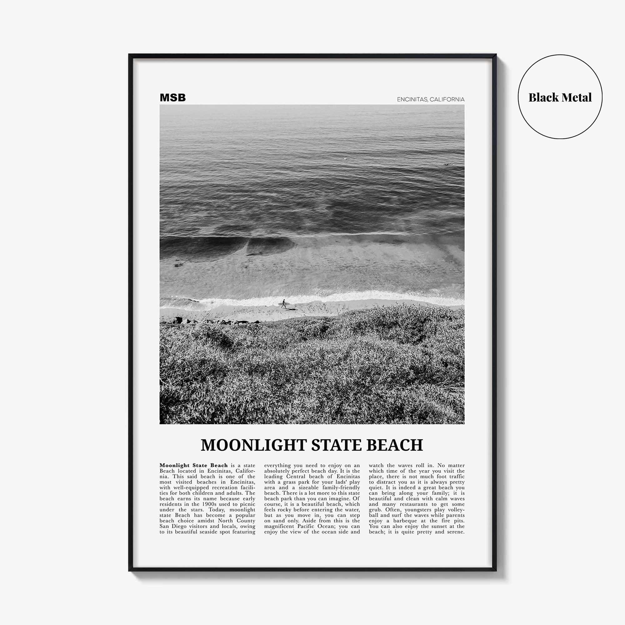 Moonlight State Beach Print Black and White, Moonlight State Beach Wall Art, Moonlight State Beach Poster, Encinitas, California, USA