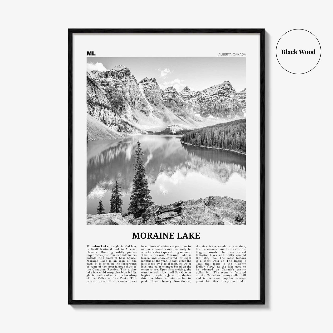Moraine Lake Print Black and White, Moraine Lake Wall Art, Moraine Lake Poster, Moraine Lake Photo, Moraine Lake Wall Décor, Canada