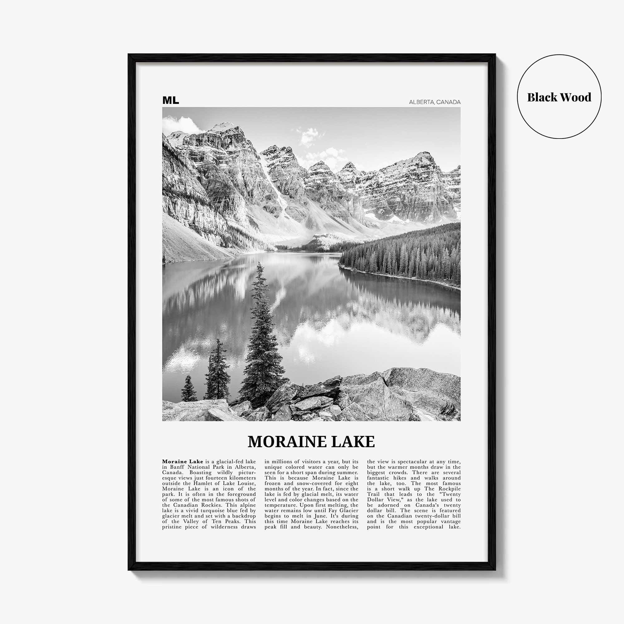 Moraine Lake Print Black and White, Moraine Lake Wall Art, Moraine Lake Poster, Moraine Lake Photo, Moraine Lake Wall Décor, Canada