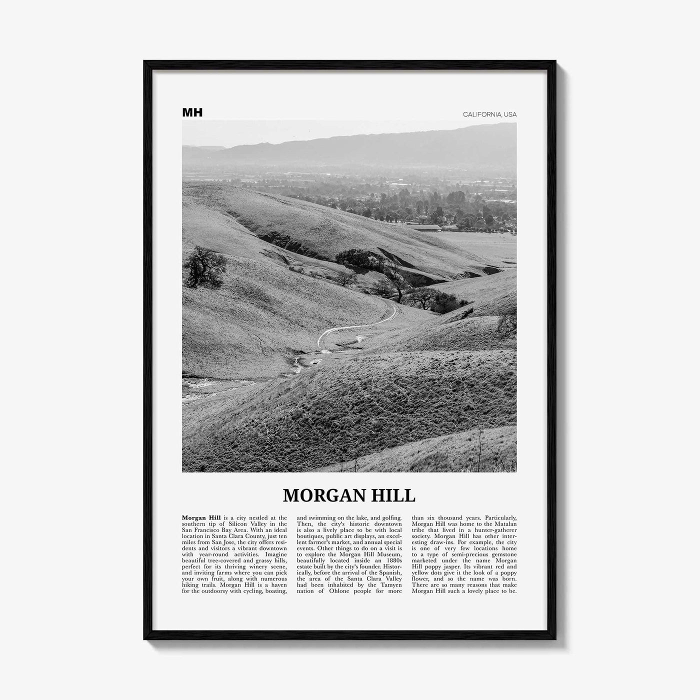 Morgan Hill Print Black and White, Morgan Hill Wall Art, Morgan Hill Poster, Morgan Hill Photo, Morgan Hill Map, California, USA