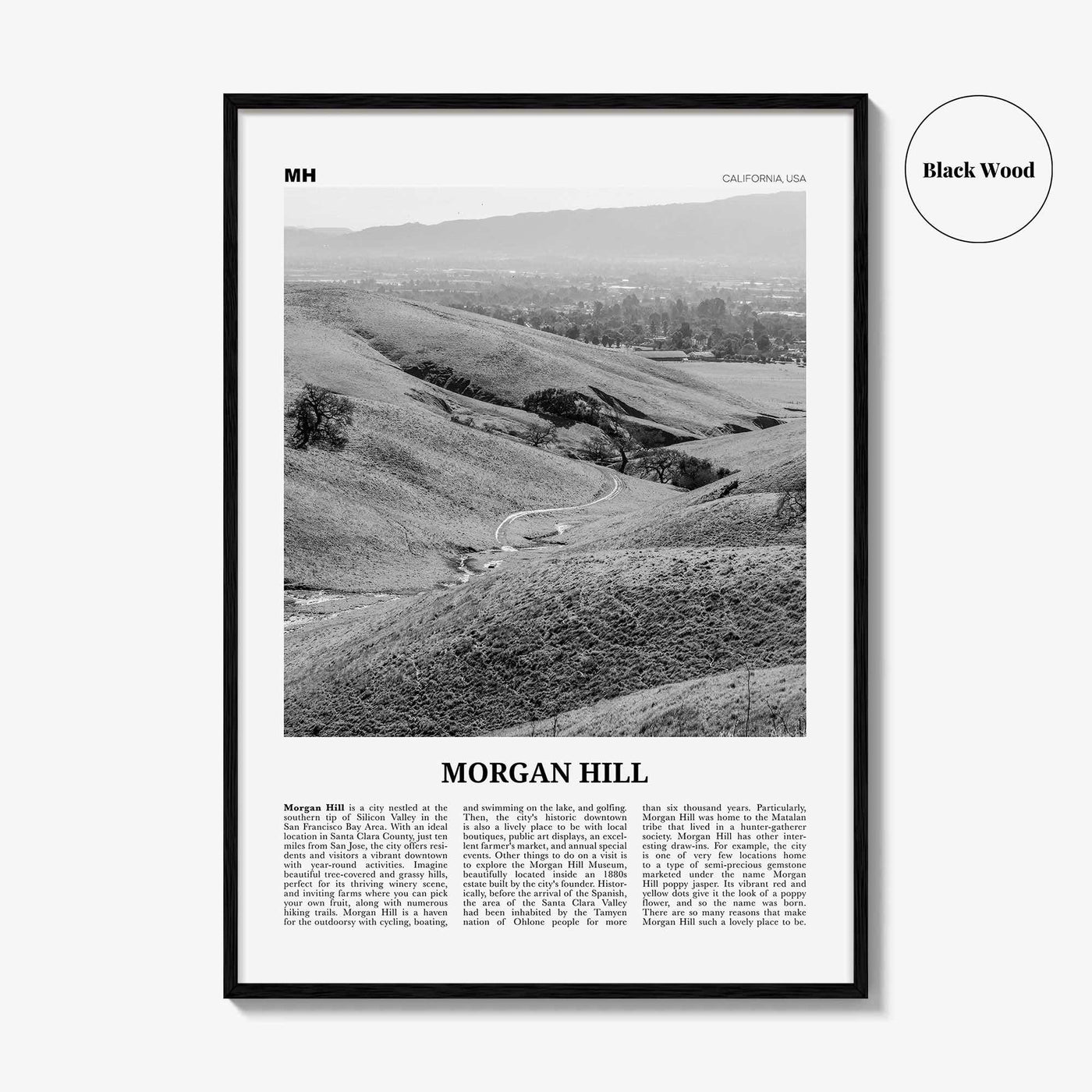 Morgan Hill Print Black and White, Morgan Hill Wall Art, Morgan Hill Poster, Morgan Hill Photo, Morgan Hill Map, California, USA