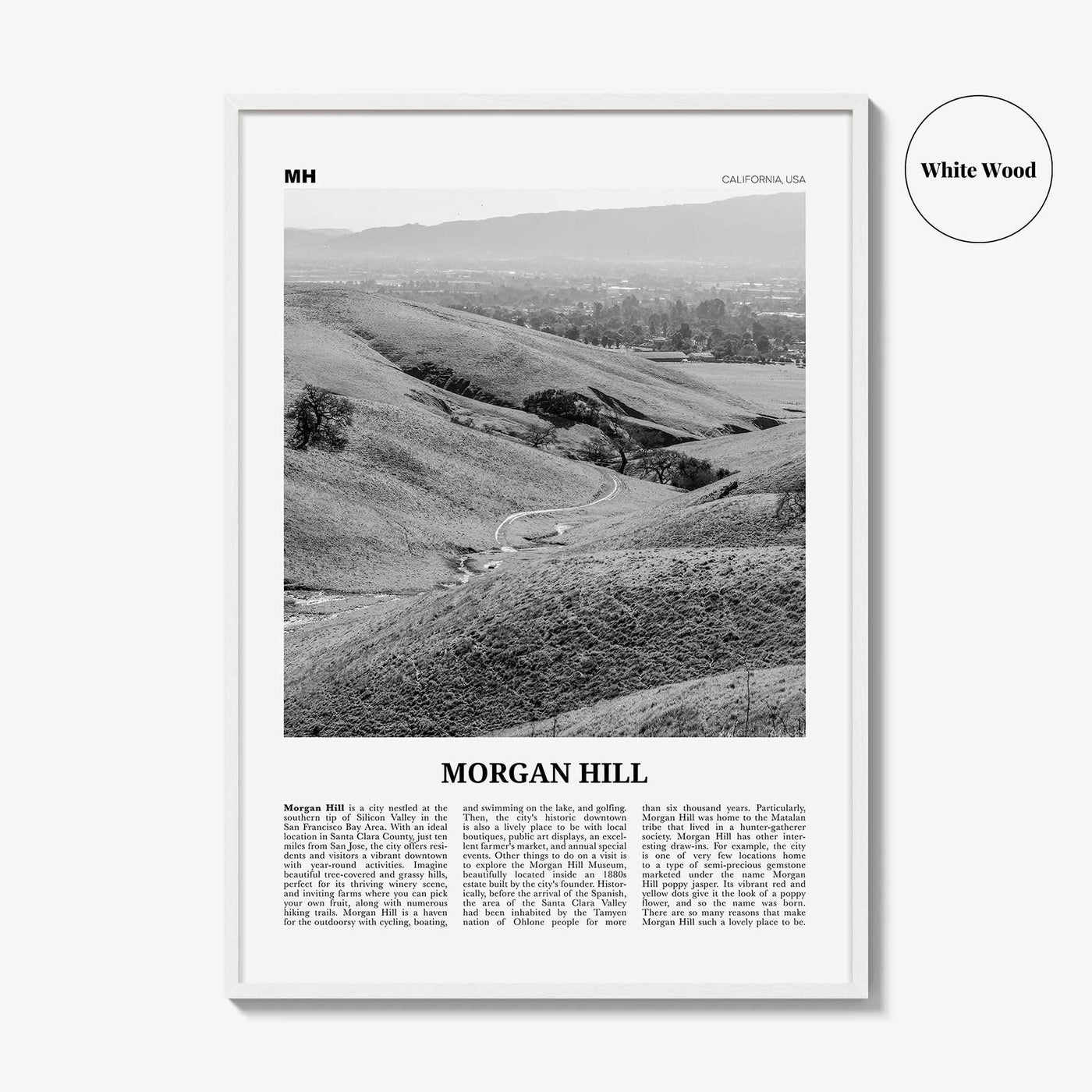 Morgan Hill Print Black and White, Morgan Hill Wall Art, Morgan Hill Poster, Morgan Hill Photo, Morgan Hill Map, California, USA