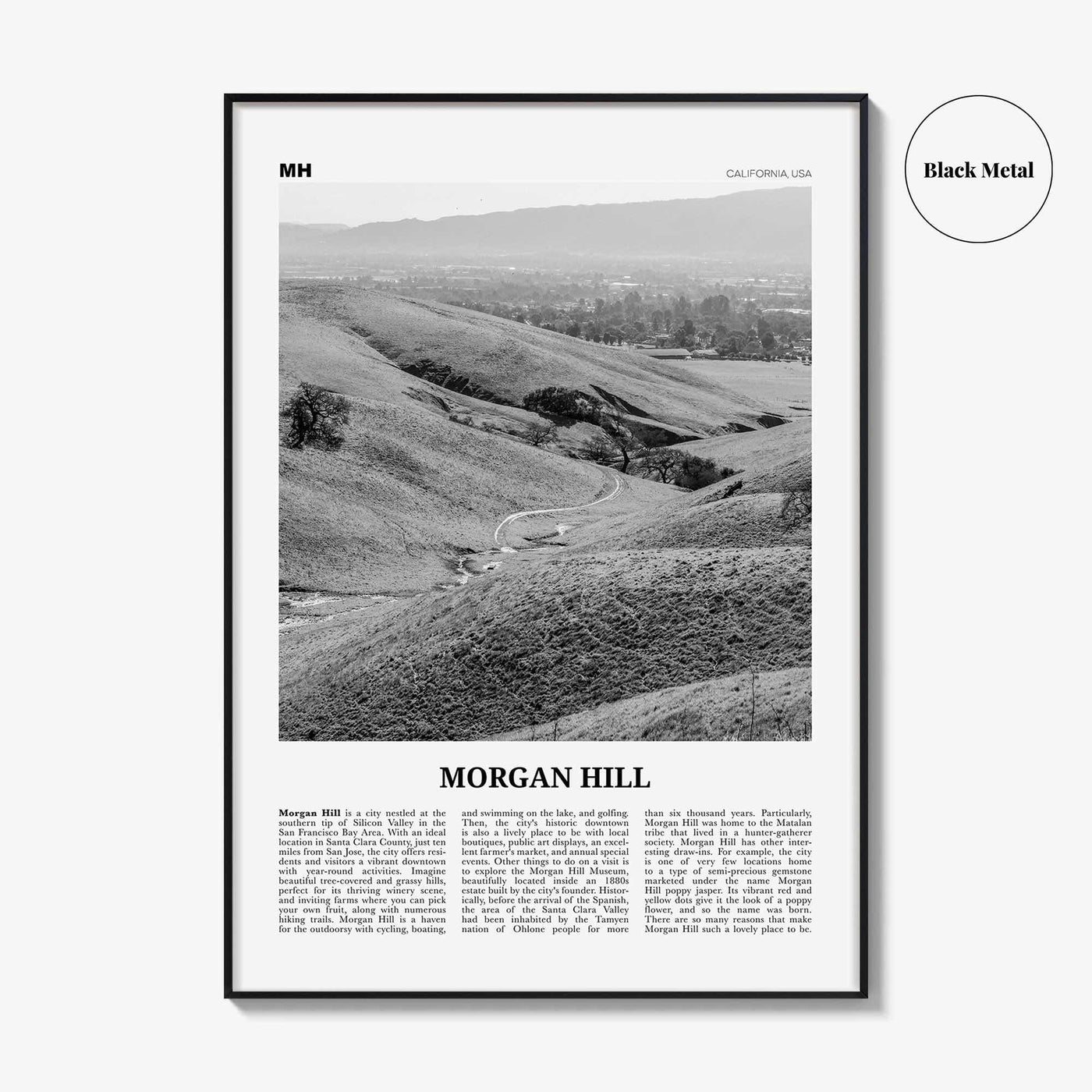 Morgan Hill Print Black and White, Morgan Hill Wall Art, Morgan Hill Poster, Morgan Hill Photo, Morgan Hill Map, California, USA
