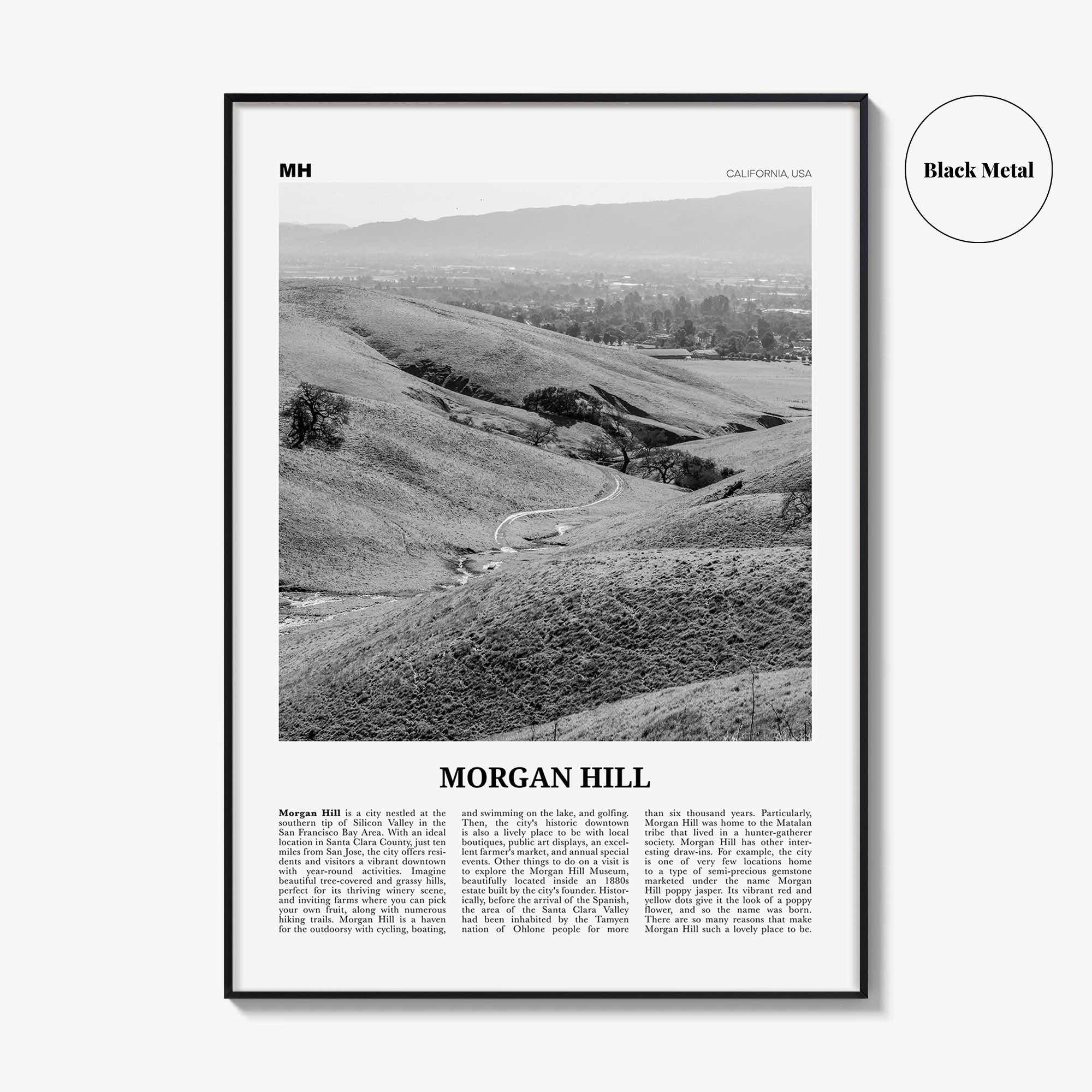 Morgan Hill Print Black and White, Morgan Hill Wall Art, Morgan Hill Poster, Morgan Hill Photo, Morgan Hill Map, California, USA