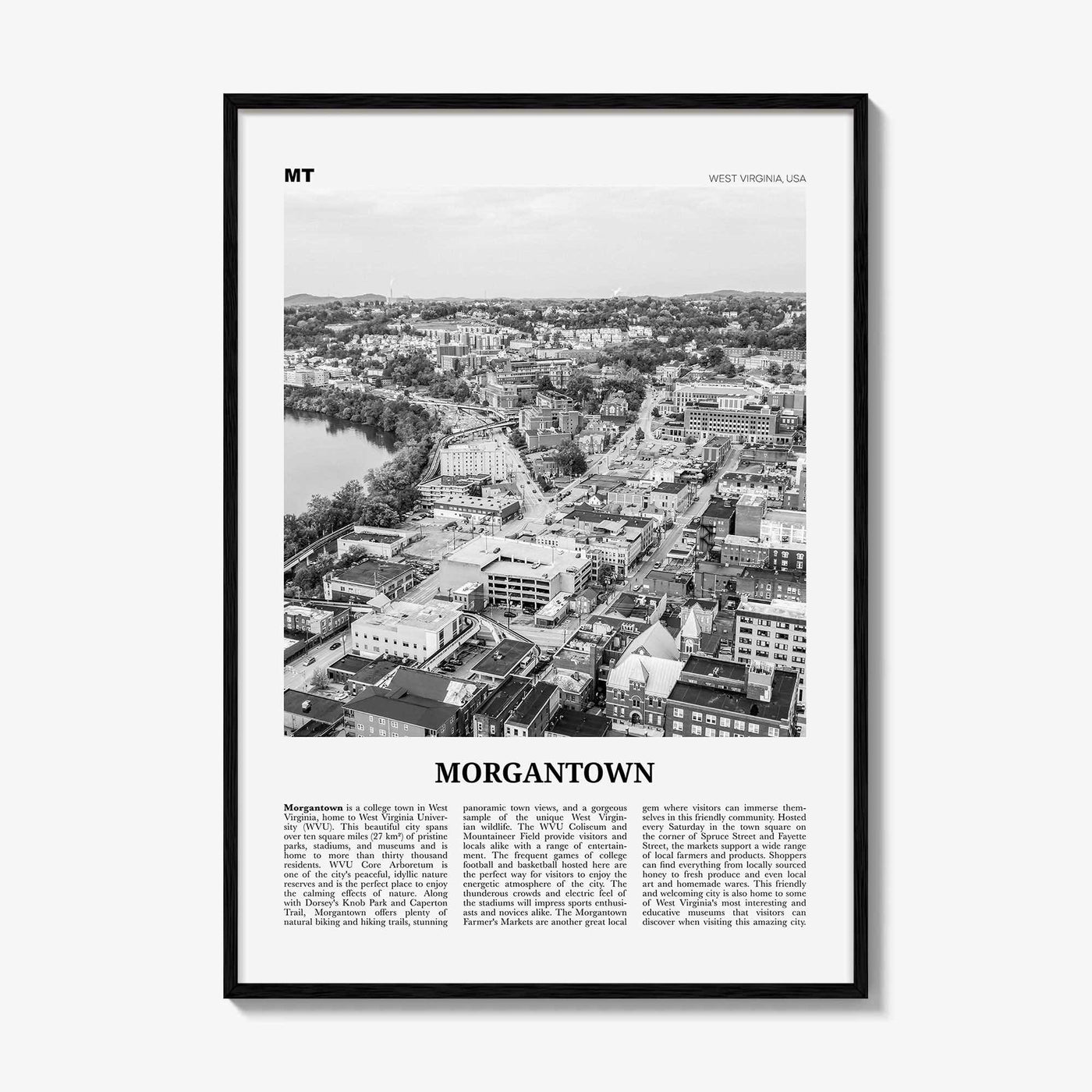 Morgantown Print Black and White, Morgantown Wall Art, Morgantown Poster, Morgantown Photo, Morgantown Map, West Virginia, USA United States