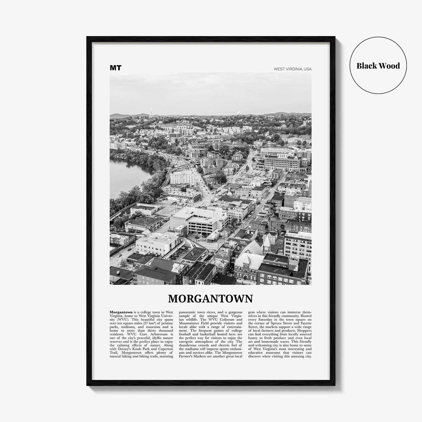 Morgantown Print Black and White, Morgantown Wall Art, Morgantown Poster, Morgantown Photo, Morgantown Map, West Virginia, USA United States