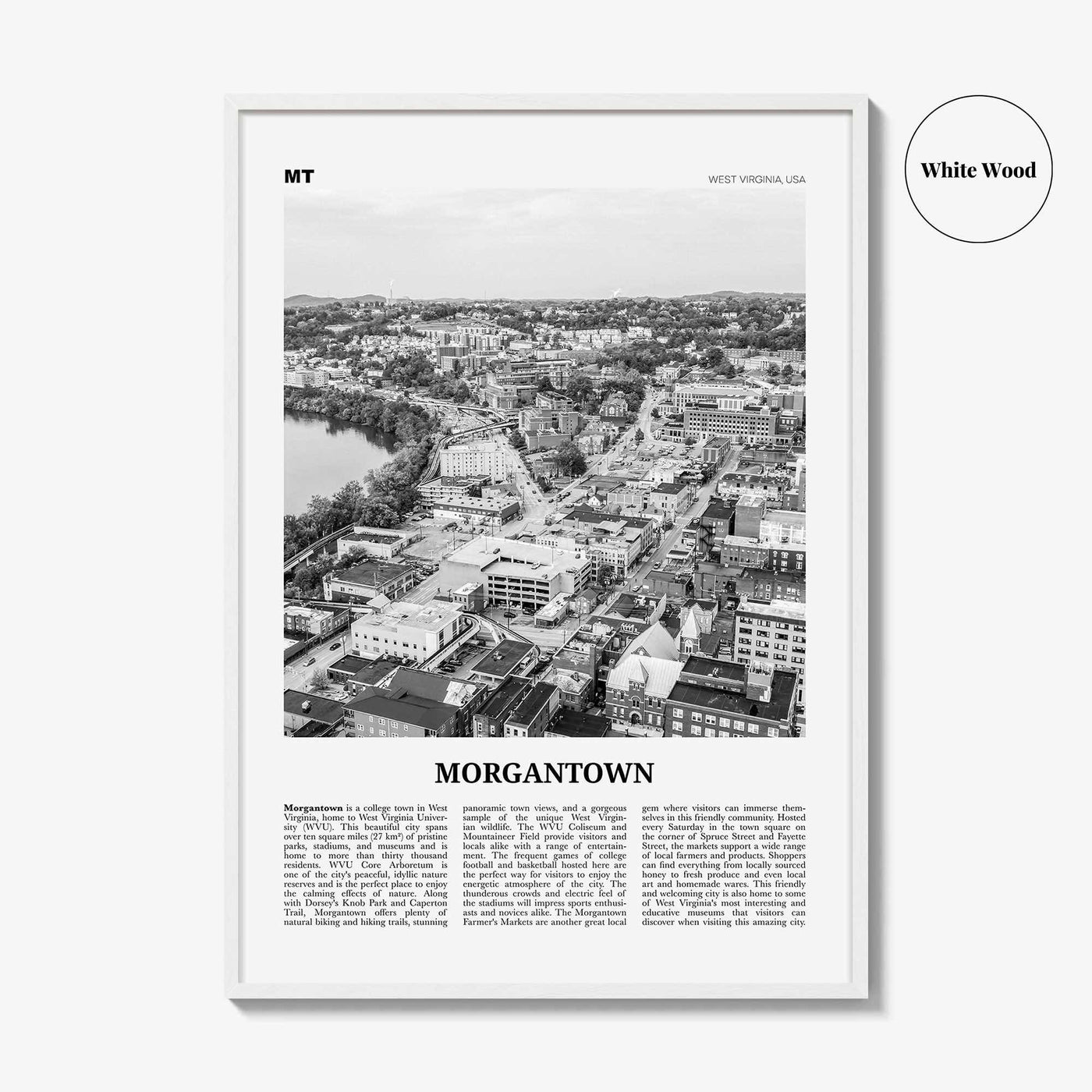 Morgantown Print Black and White, Morgantown Wall Art, Morgantown Poster, Morgantown Photo, Morgantown Map, West Virginia, USA United States