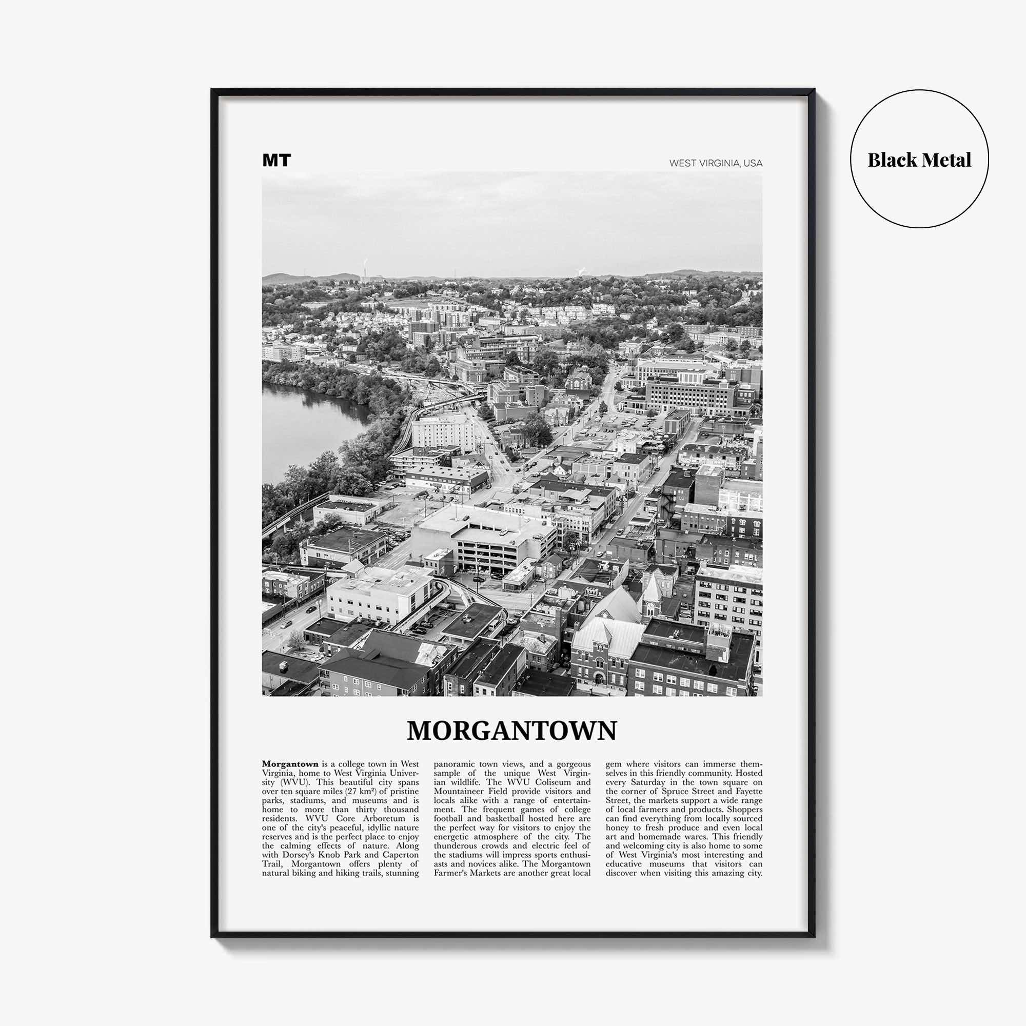 Morgantown Print Black and White, Morgantown Wall Art, Morgantown Poster, Morgantown Photo, Morgantown Map, West Virginia, USA United States