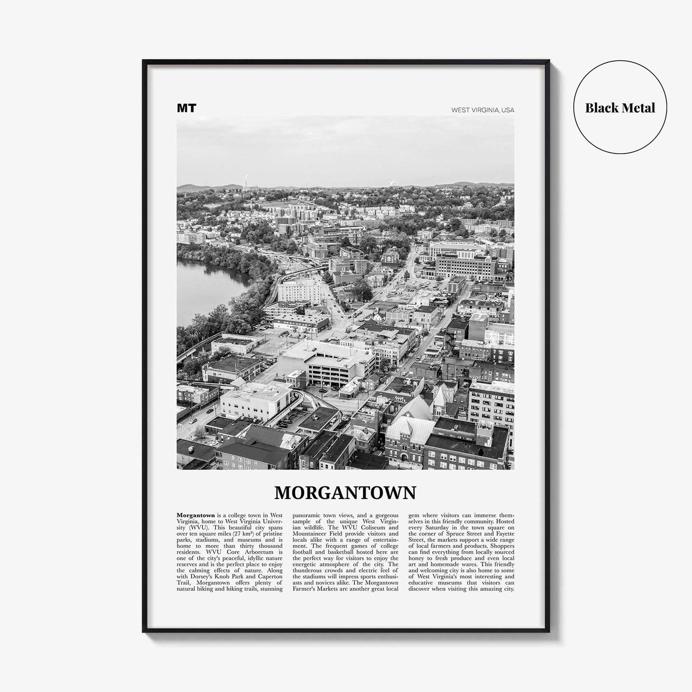 Morgantown Print Black and White, Morgantown Wall Art, Morgantown Poster, Morgantown Photo, Morgantown Map, West Virginia, USA United States