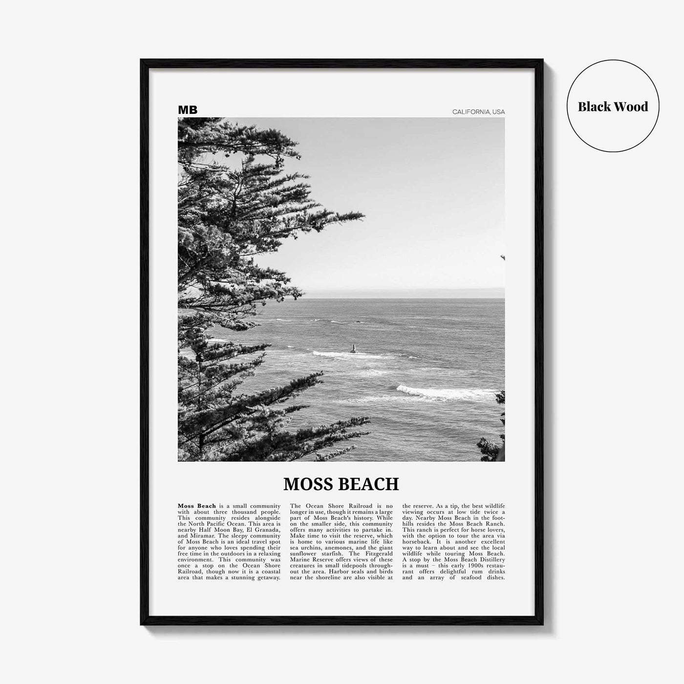 Moss Beach Print Black and White, Moss Beach Wall Art, Moss Beach Poster, Moss Beach Photo, Moss Beach Décor, Moss Beach Map, California USA