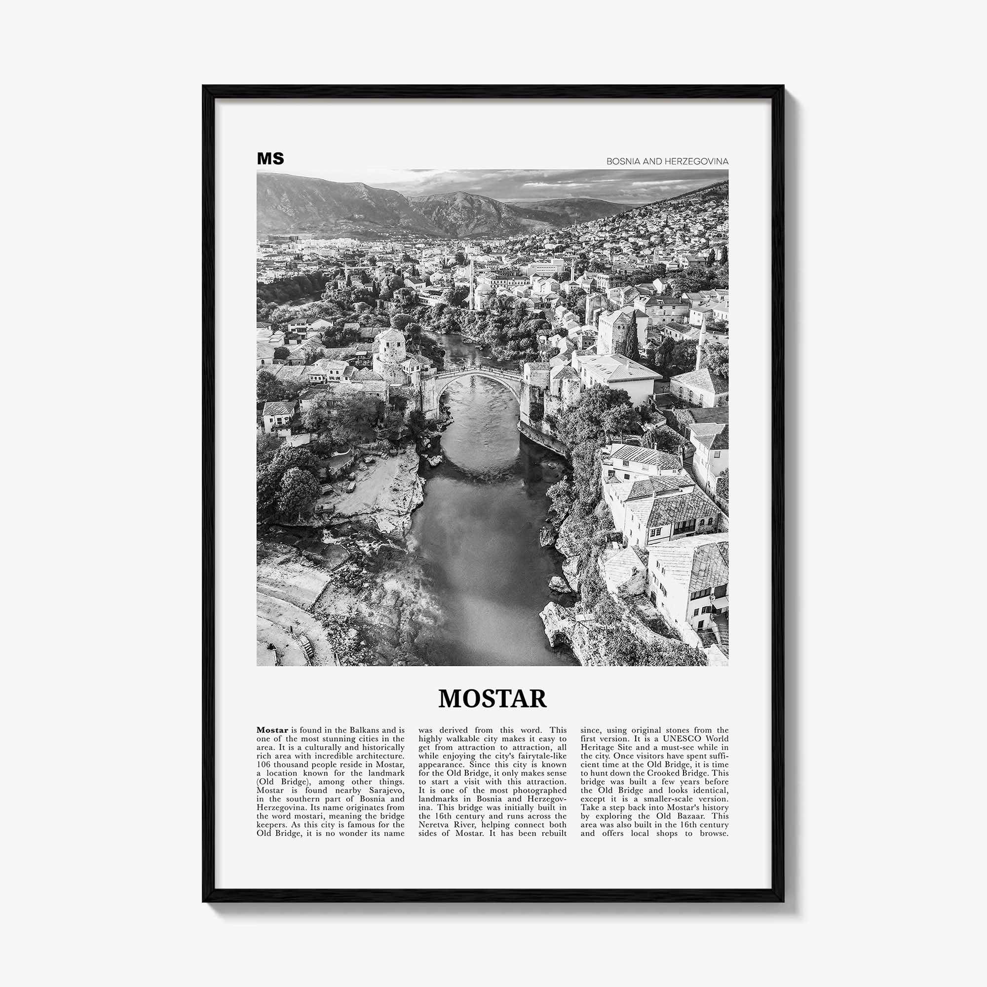Mostar Print Black and White, Mostar Wall Art, Mostar Poster, Mostar Photo, Mostar Wall Décor, Mostar Map, Bosnia and Herzegovina