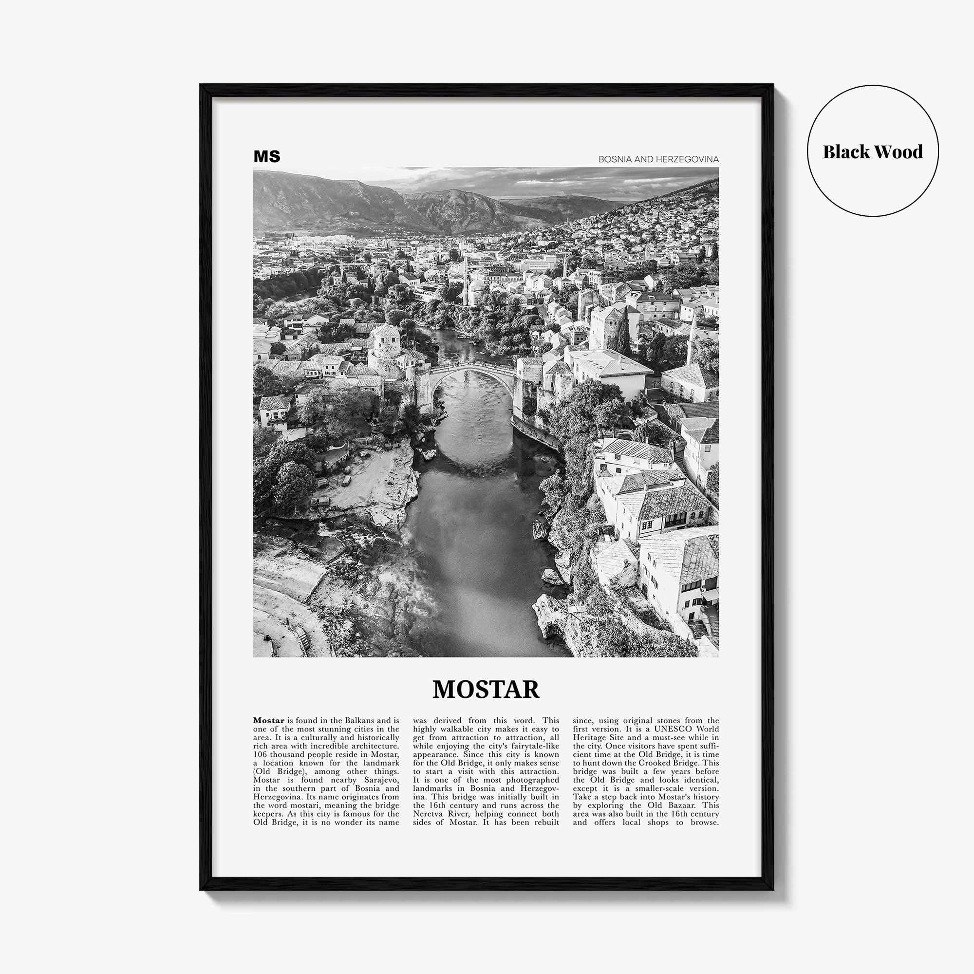 Mostar Print Black and White, Mostar Wall Art, Mostar Poster, Mostar Photo, Mostar Wall Décor, Mostar Map, Bosnia and Herzegovina
