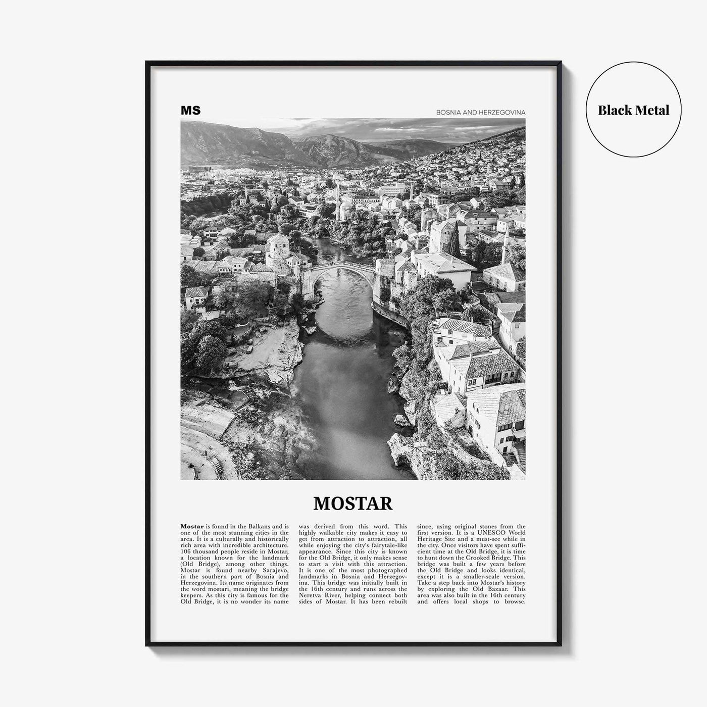 Mostar Print Black and White, Mostar Wall Art, Mostar Poster, Mostar Photo, Mostar Wall Décor, Mostar Map, Bosnia and Herzegovina