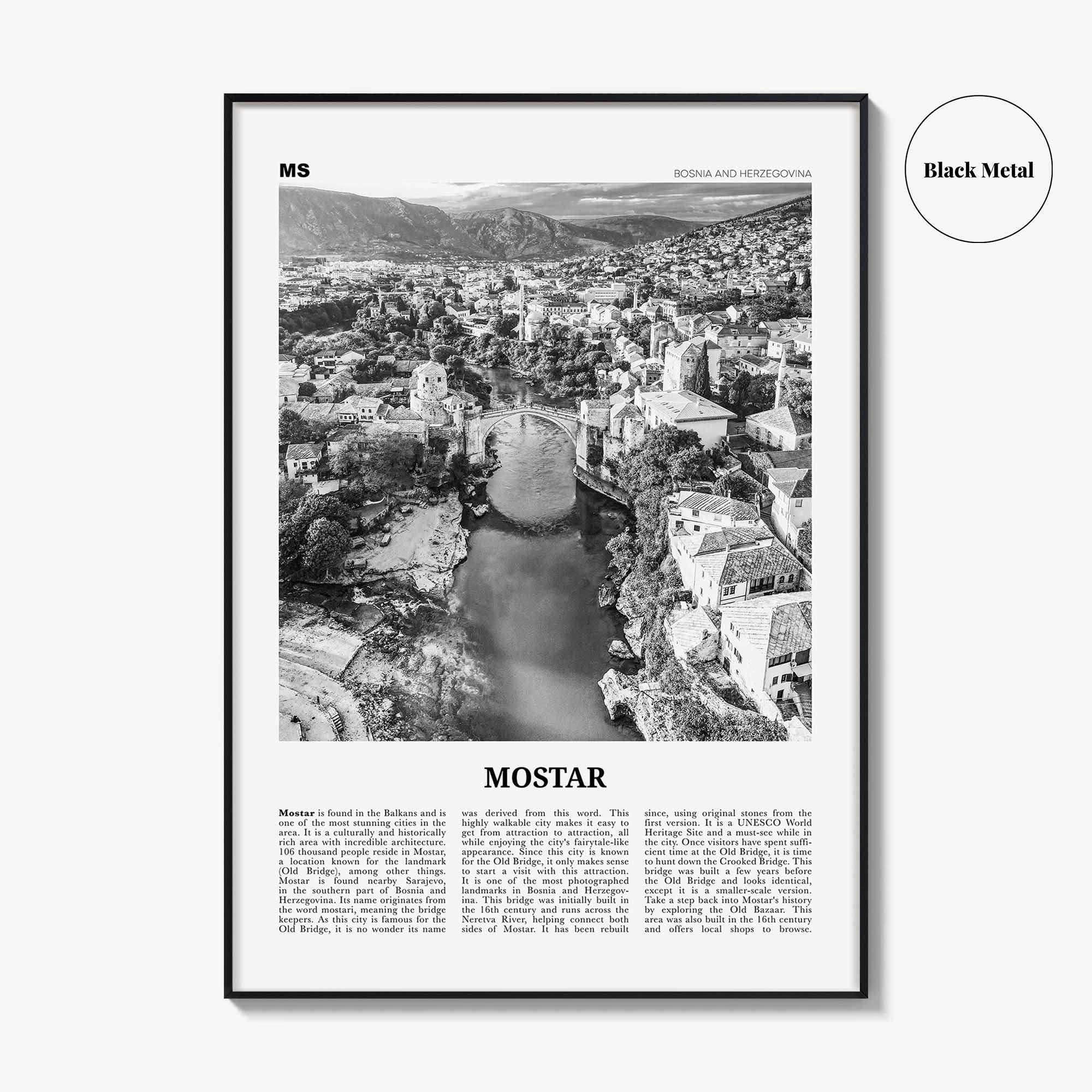 Mostar Print Black and White, Mostar Wall Art, Mostar Poster, Mostar Photo, Mostar Wall Décor, Mostar Map, Bosnia and Herzegovina