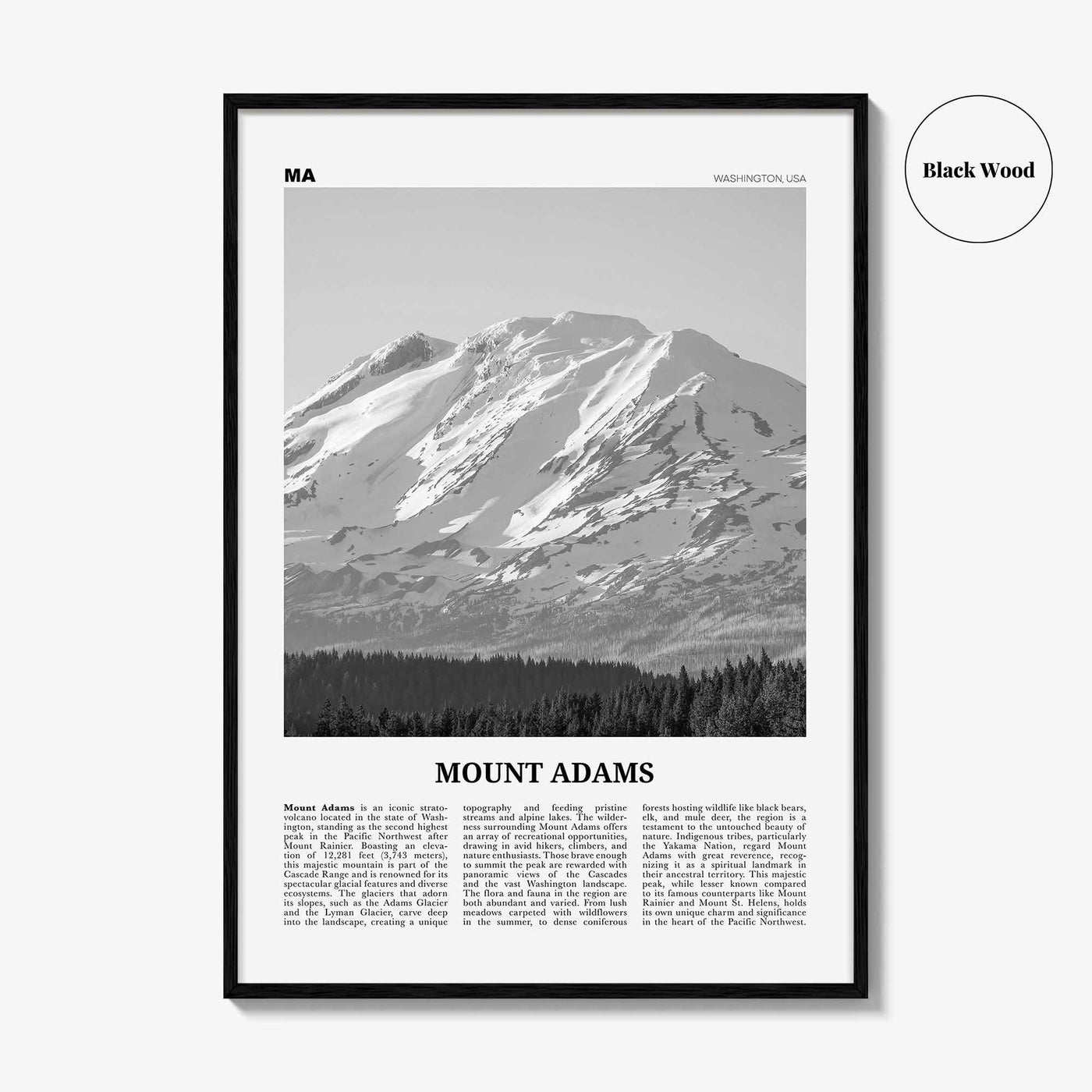 Mount Adams Print Black and White, Mount Adams Wall Art, Mount Adams Poster, Mount Adams Photo, Mount Adams Wall Décor