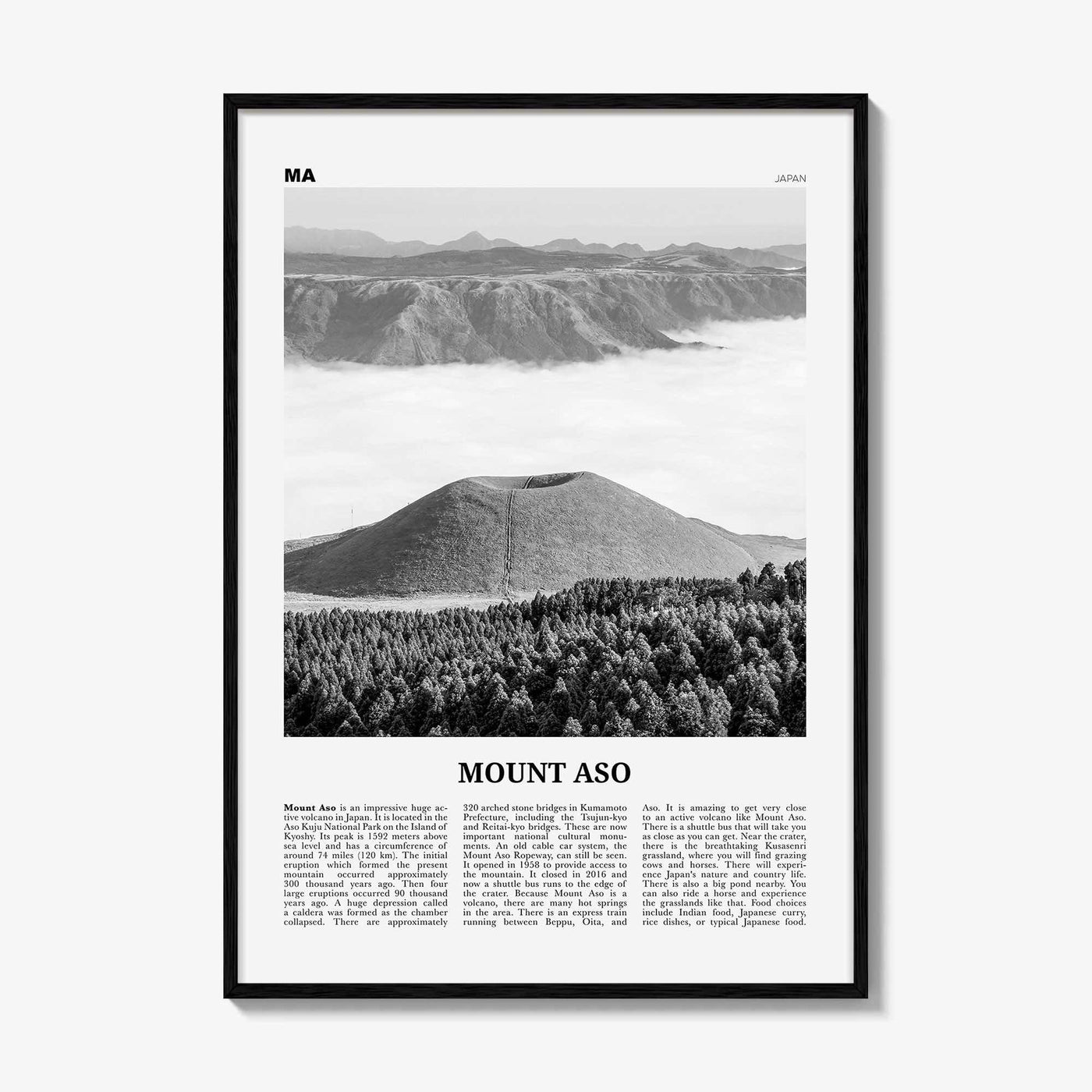 Mount Aso Print Black and White, Mount Aso Wall Art, Mount Aso Poster, Mount Aso Photo, Mount Aso Wall Décor, Mount Aso Map, Japan