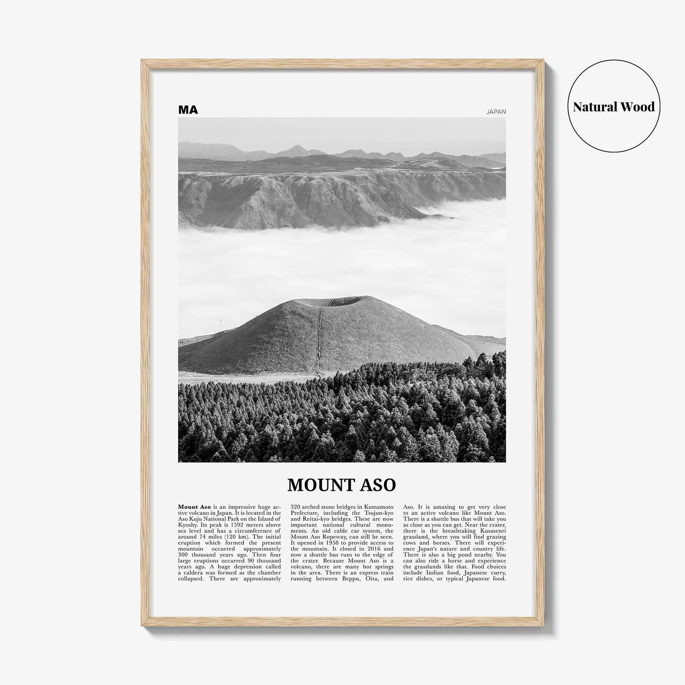 Mount Aso Print Black and White, Mount Aso Wall Art, Mount Aso Poster, Mount Aso Photo, Mount Aso Wall Décor, Mount Aso Map, Japan