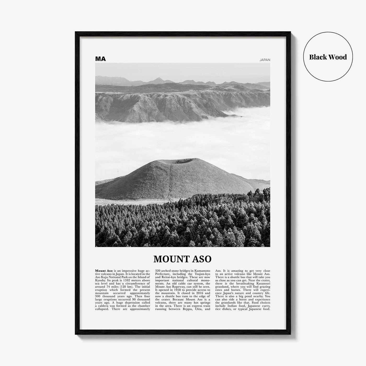 Mount Aso Print Black and White, Mount Aso Wall Art, Mount Aso Poster, Mount Aso Photo, Mount Aso Wall Décor, Mount Aso Map, Japan