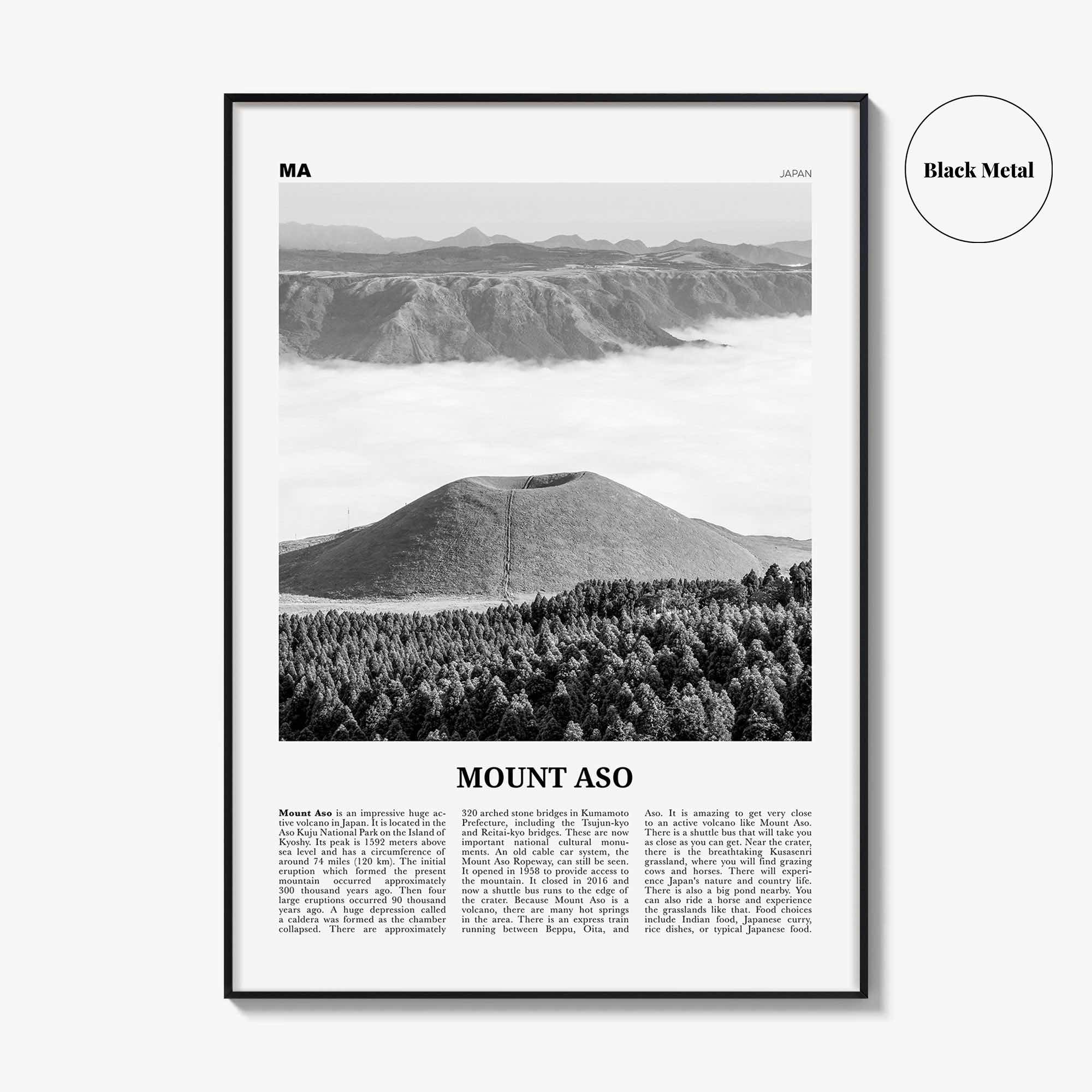 Mount Aso Print Black and White, Mount Aso Wall Art, Mount Aso Poster, Mount Aso Photo, Mount Aso Wall Décor, Mount Aso Map, Japan