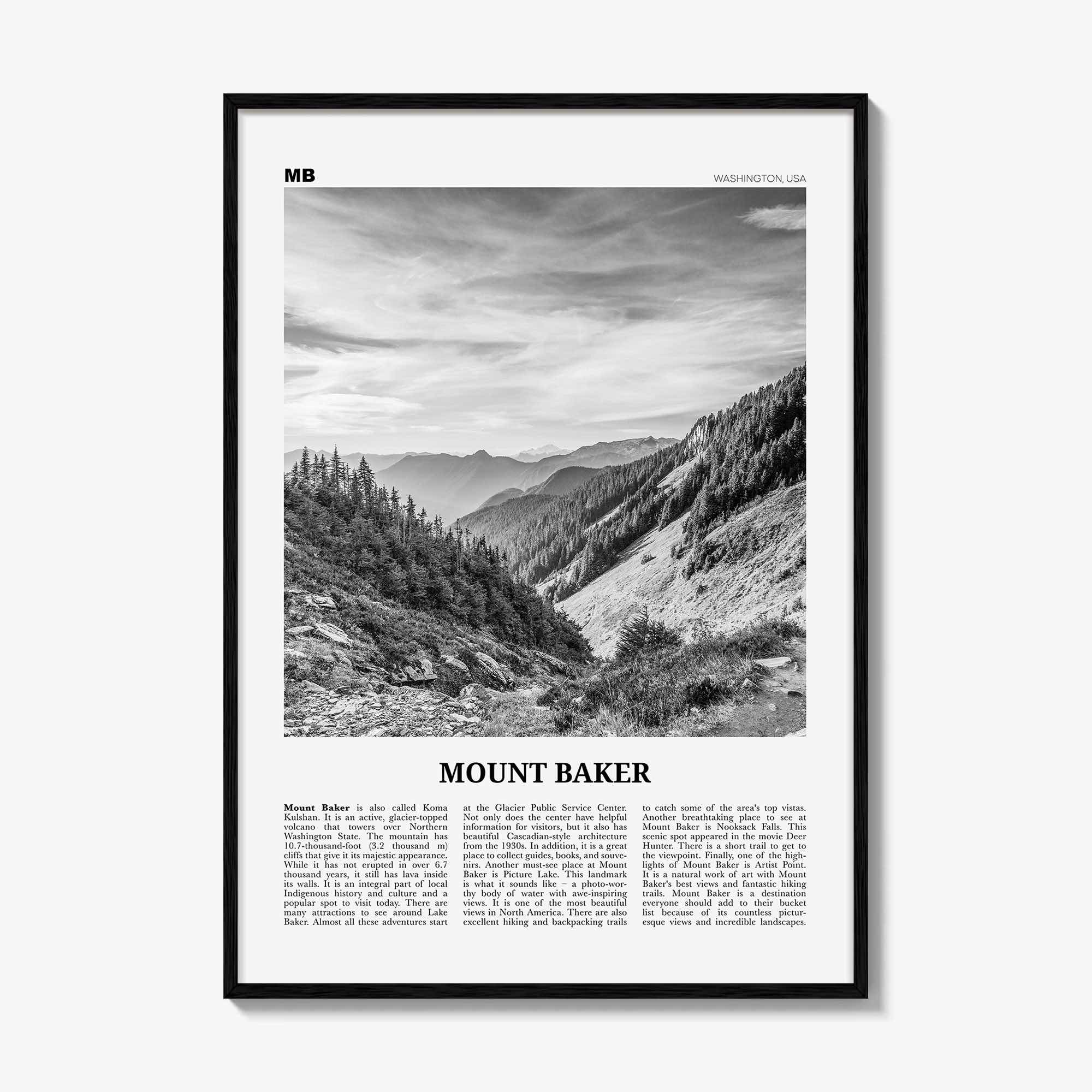 Mount Baker Print Black and White, Mount Baker Wall Art, Mount Baker Poster, Mount Baker Photo, Mount Baker Map, Mount Baker Wall Decor, USA