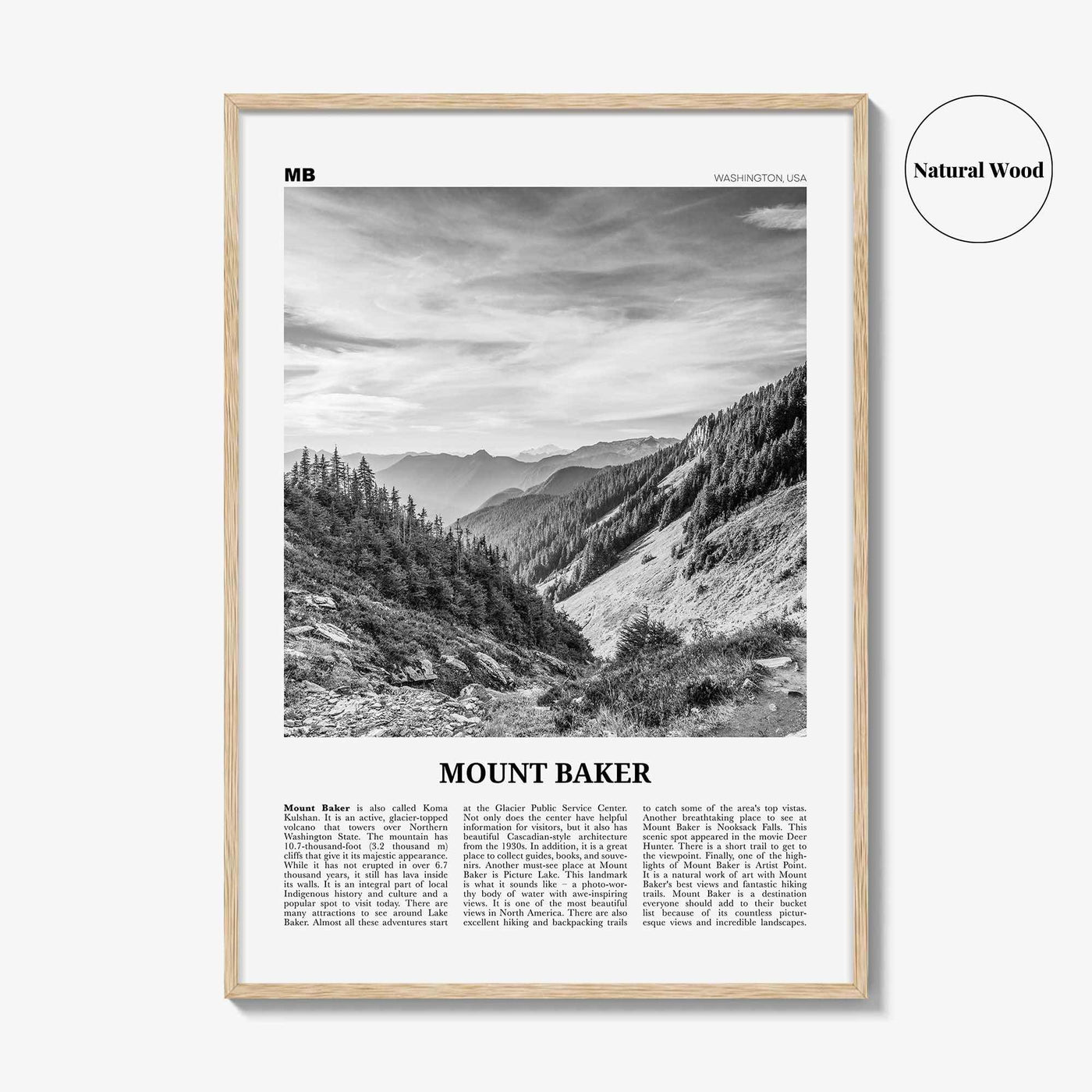 Mount Baker Print Black and White, Mount Baker Wall Art, Mount Baker Poster, Mount Baker Photo, Mount Baker Map, Mount Baker Wall Decor, USA