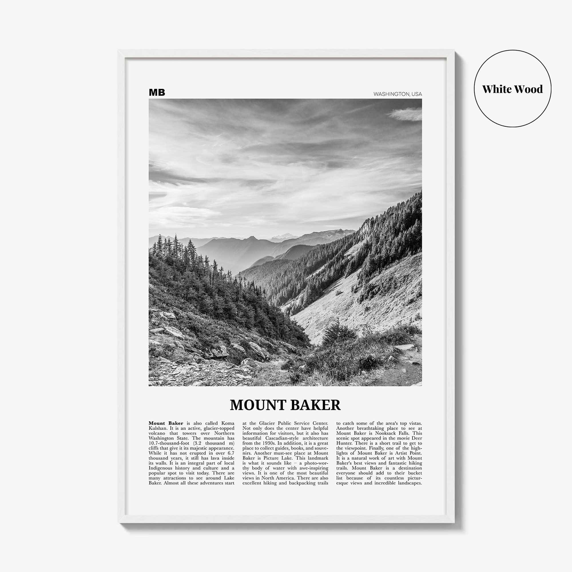 Mount Baker Print Black and White, Mount Baker Wall Art, Mount Baker Poster, Mount Baker Photo, Mount Baker Map, Mount Baker Wall Decor, USA