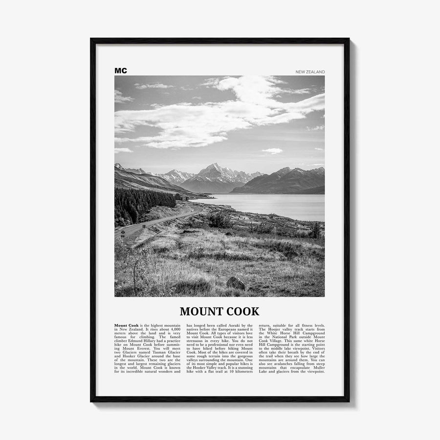 Mount Cook Print Black and White, Mount Cook Wall Art, Mount Cook Poster, Mount Cook Photo, Aoraki, New Zealand