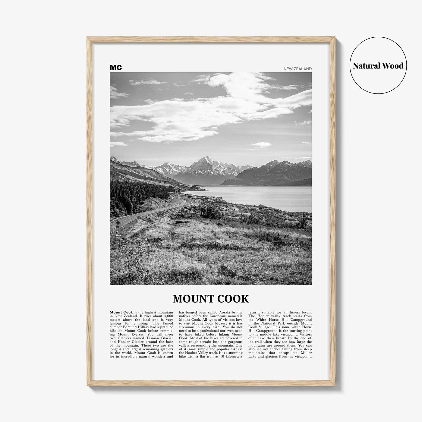 Mount Cook Print Black and White, Mount Cook Wall Art, Mount Cook Poster, Mount Cook Photo, Aoraki, New Zealand