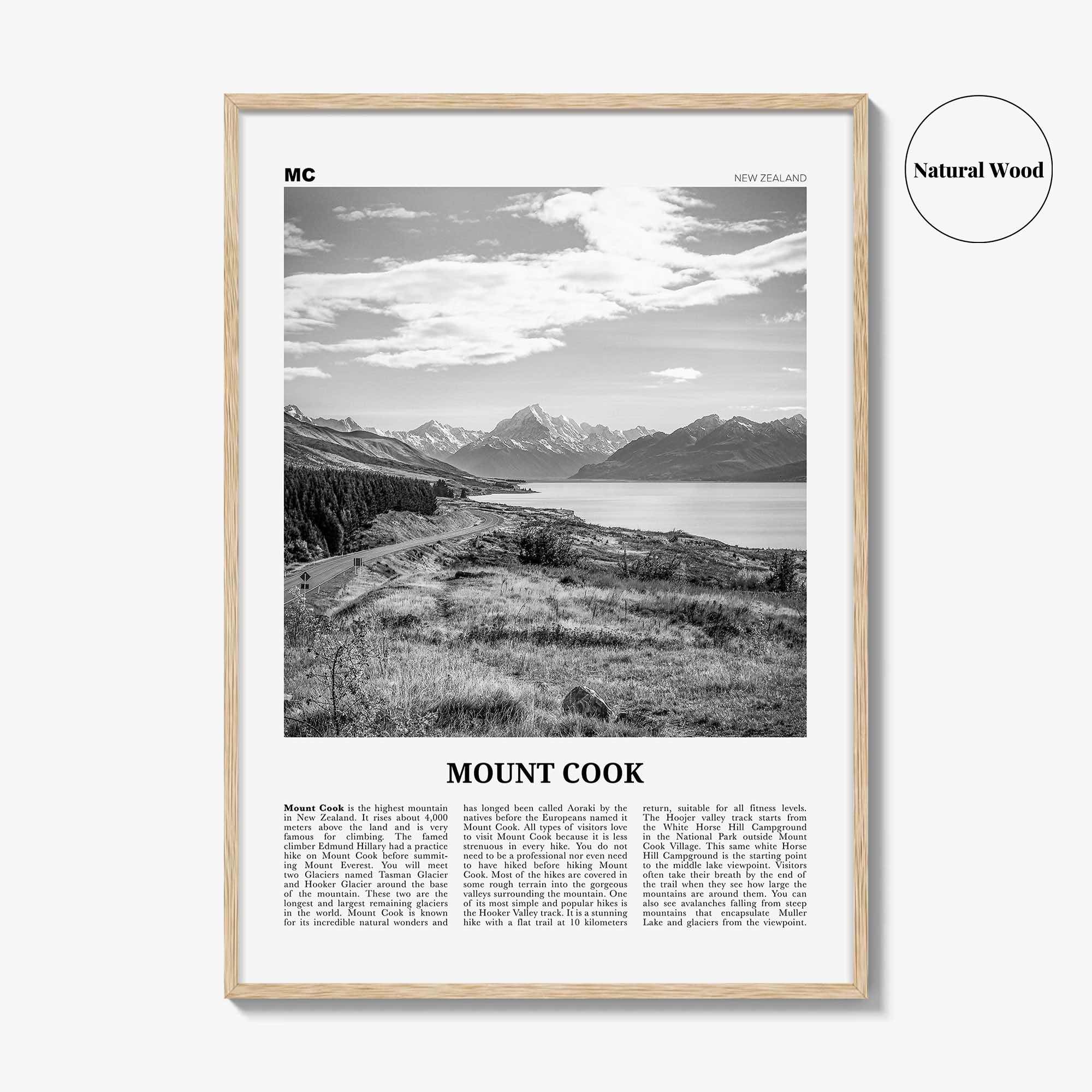 Mount Cook Print Black and White, Mount Cook Wall Art, Mount Cook Poster, Mount Cook Photo, Aoraki, New Zealand