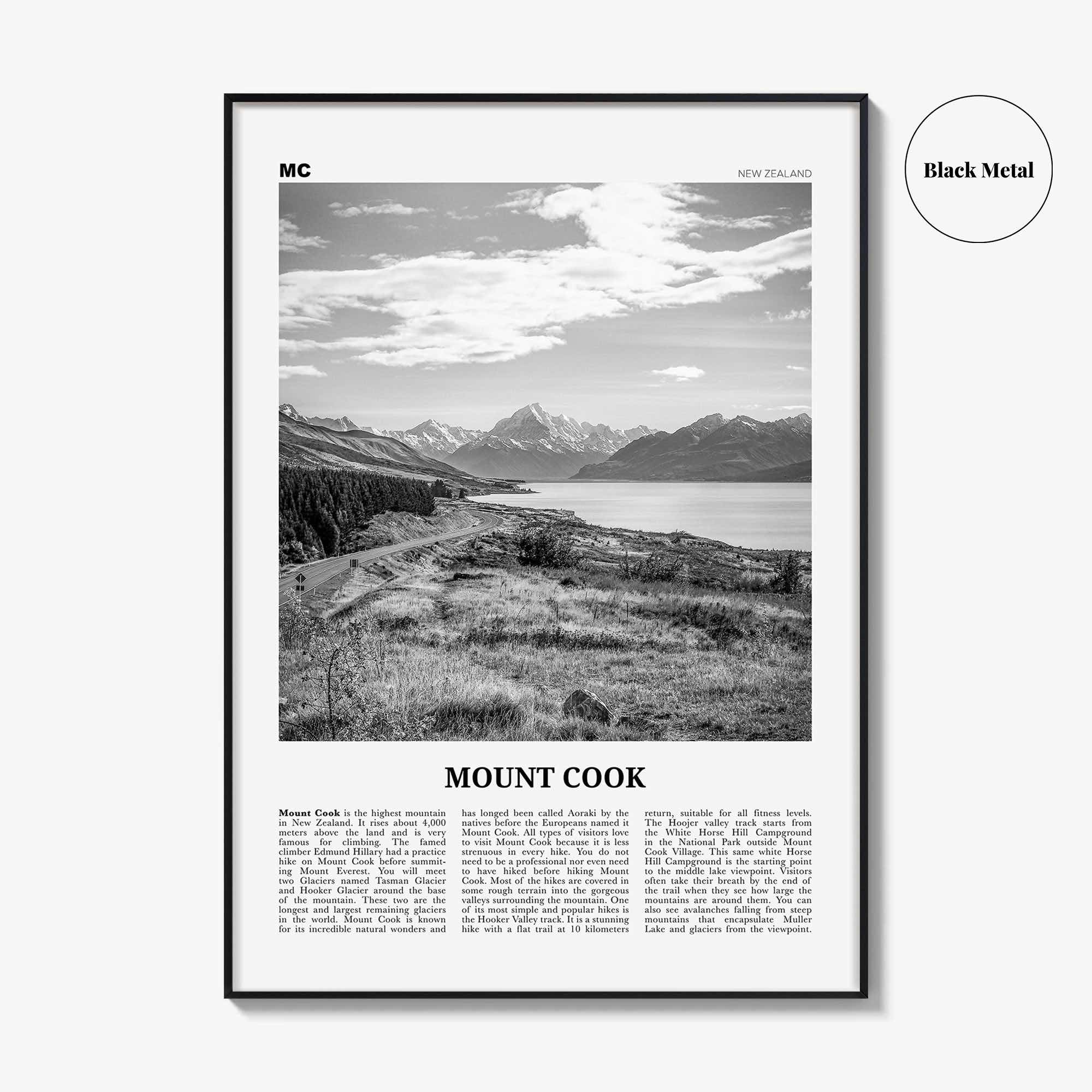 Mount Cook Print Black and White, Mount Cook Wall Art, Mount Cook Poster, Mount Cook Photo, Aoraki, New Zealand