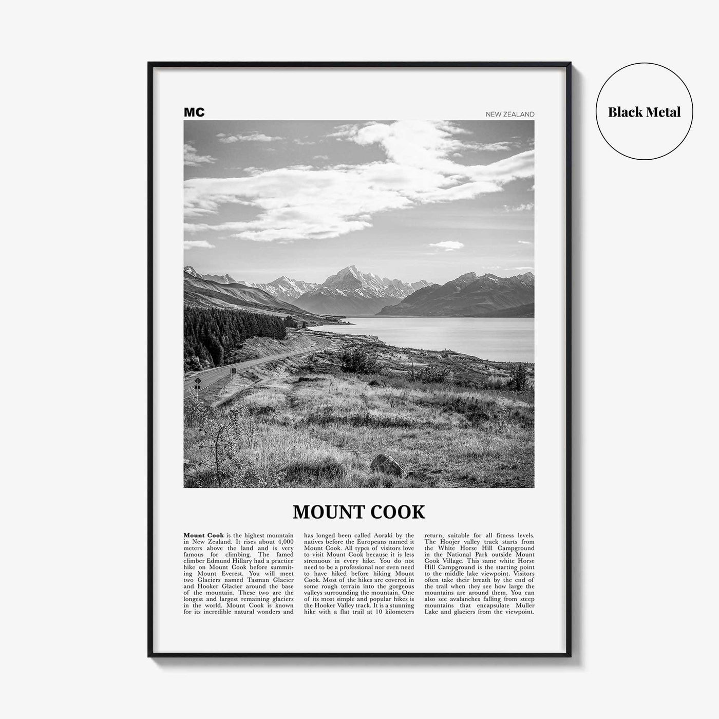 Mount Cook Print Black and White, Mount Cook Wall Art, Mount Cook Poster, Mount Cook Photo, Aoraki, New Zealand