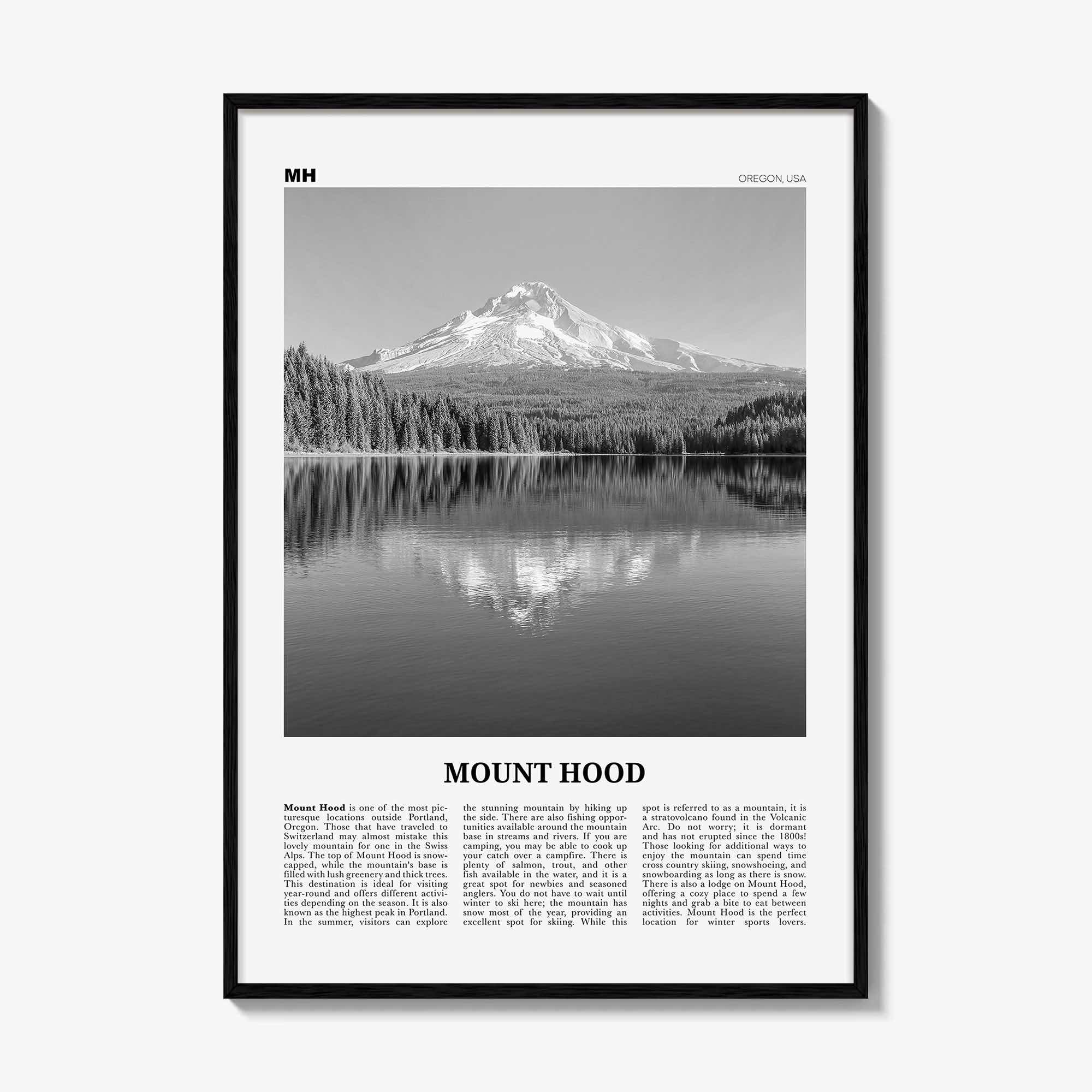 Mount Hood Print Black and White, Mount Hood Wall Art, Mount Hood Poster, Mount Hood Photo, Mount Hood Décor, Mount Hood Map, Oregon, USA