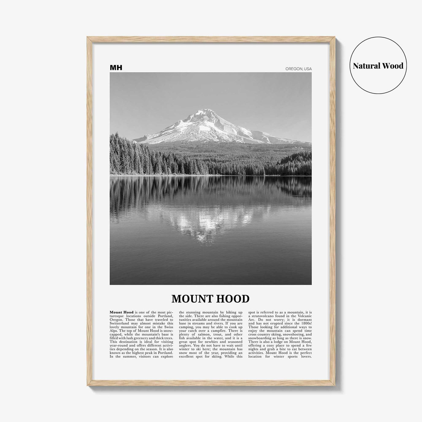 Mount Hood Print Black and White, Mount Hood Wall Art, Mount Hood Poster, Mount Hood Photo, Mount Hood Décor, Mount Hood Map, Oregon, USA