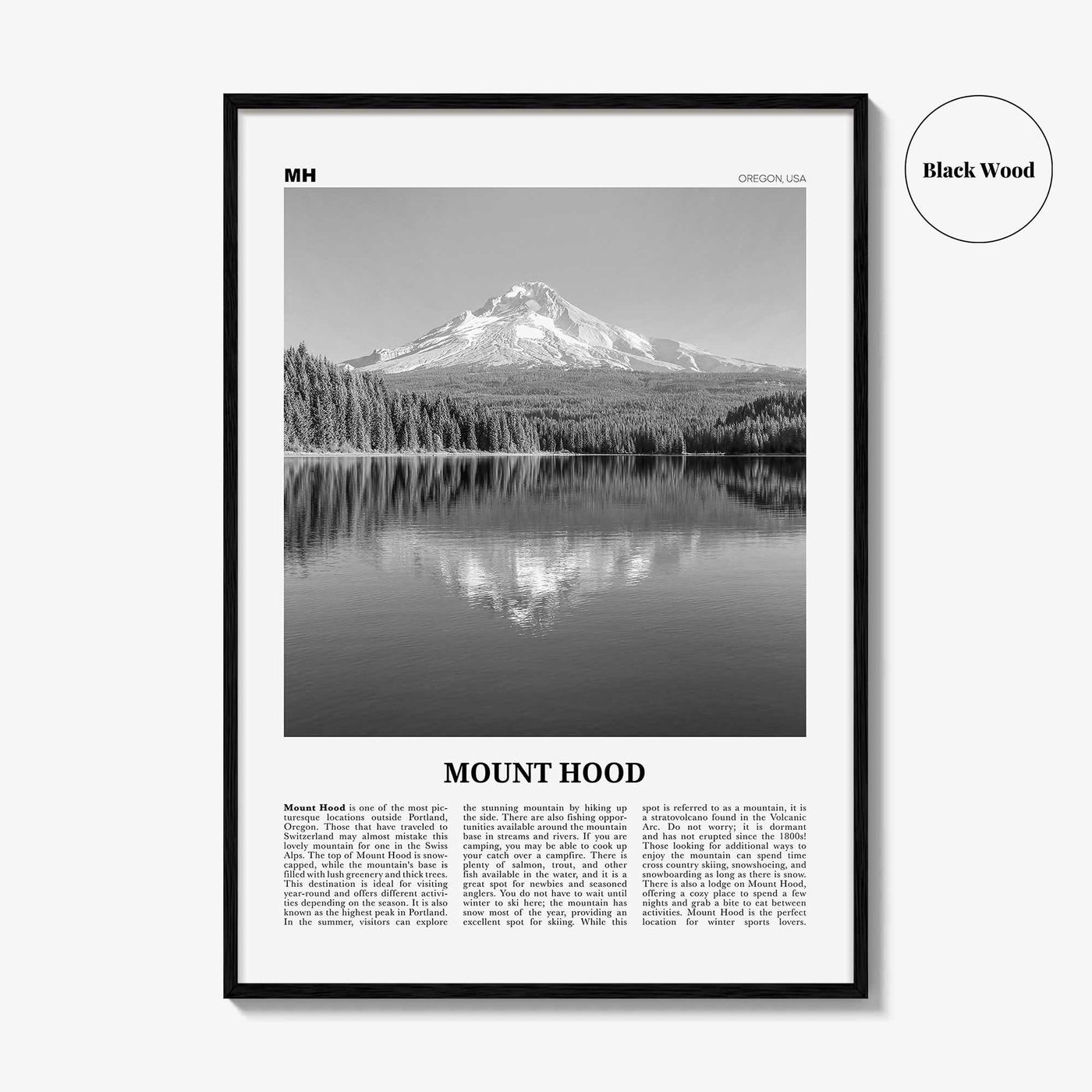 Mount Hood Print Black and White, Mount Hood Wall Art, Mount Hood Poster, Mount Hood Photo, Mount Hood Décor, Mount Hood Map, Oregon, USA