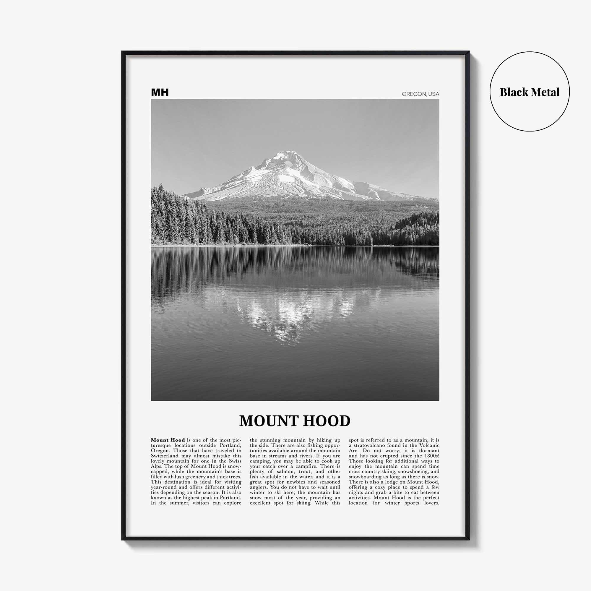 Mount Hood Print Black and White, Mount Hood Wall Art, Mount Hood Poster, Mount Hood Photo, Mount Hood Décor, Mount Hood Map, Oregon, USA