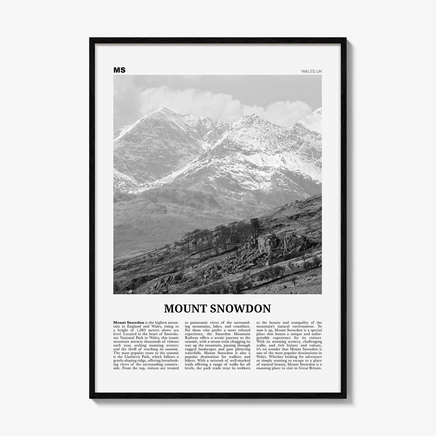 Mount Snowdon Print Black and White, Mount Snowdon Wall Art, Mount Snowdon Poster, Mount Snowdon Photo, Wall Décor, Mount Snowdon Map