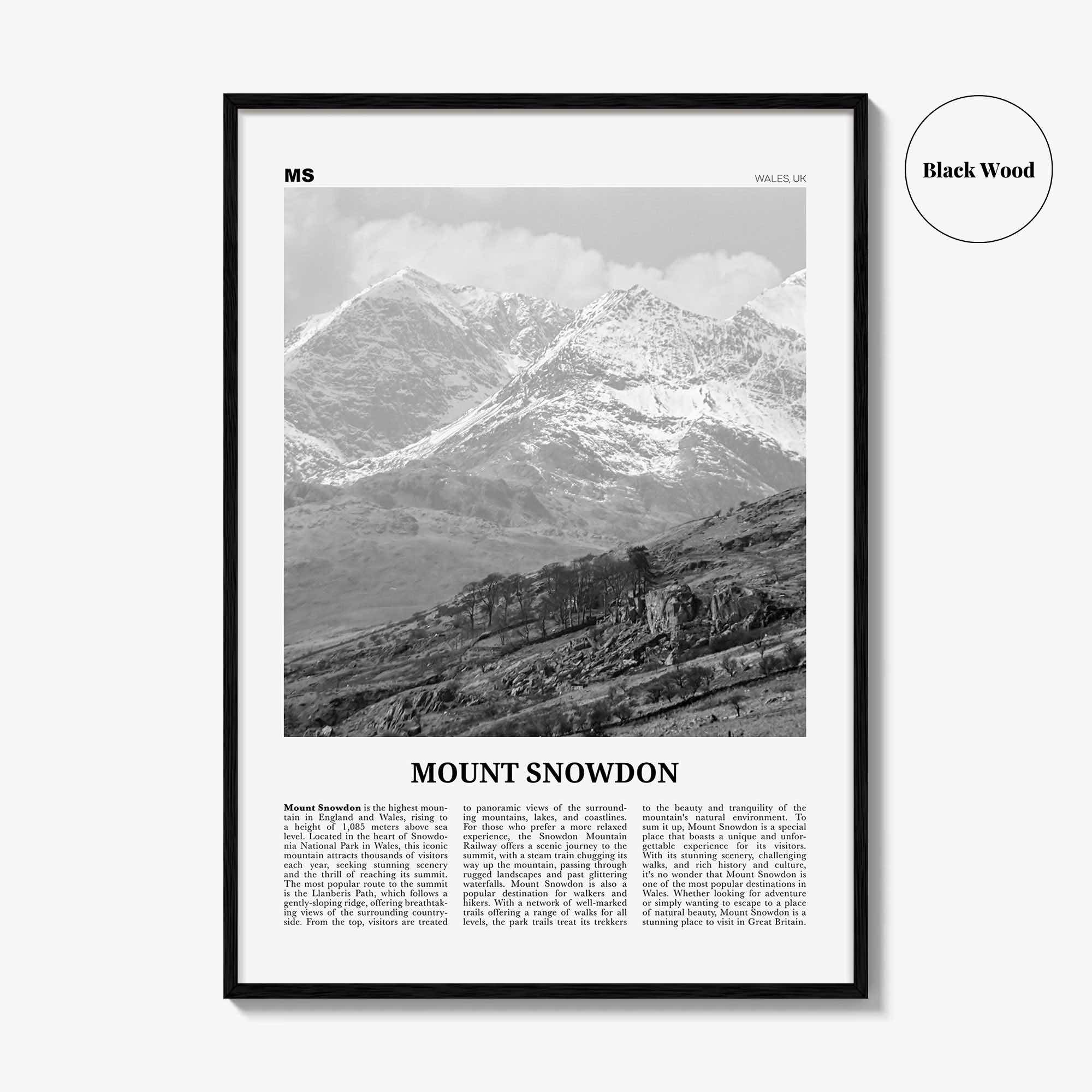 Mount Snowdon Print Black and White, Mount Snowdon Wall Art, Mount Snowdon Poster, Mount Snowdon Photo, Wall Décor, Mount Snowdon Map