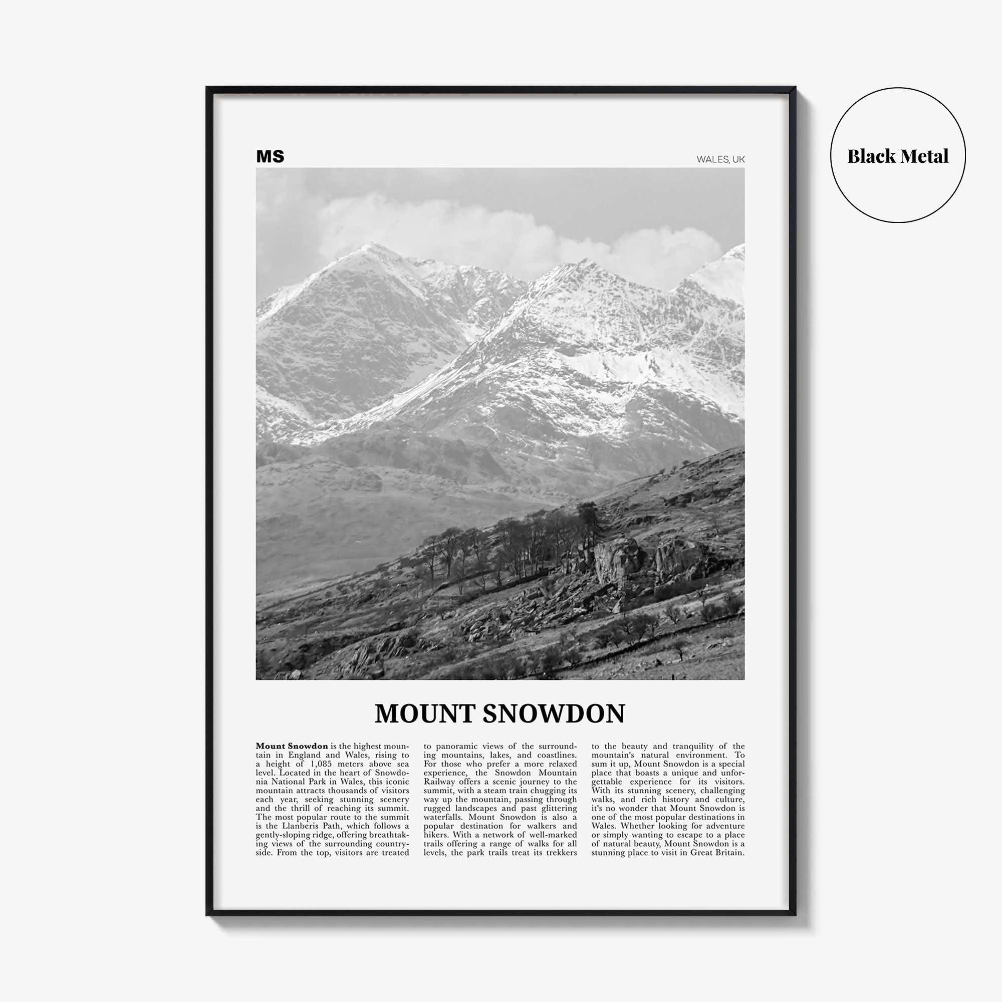 Mount Snowdon Print Black and White, Mount Snowdon Wall Art, Mount Snowdon Poster, Mount Snowdon Photo, Wall Décor, Mount Snowdon Map