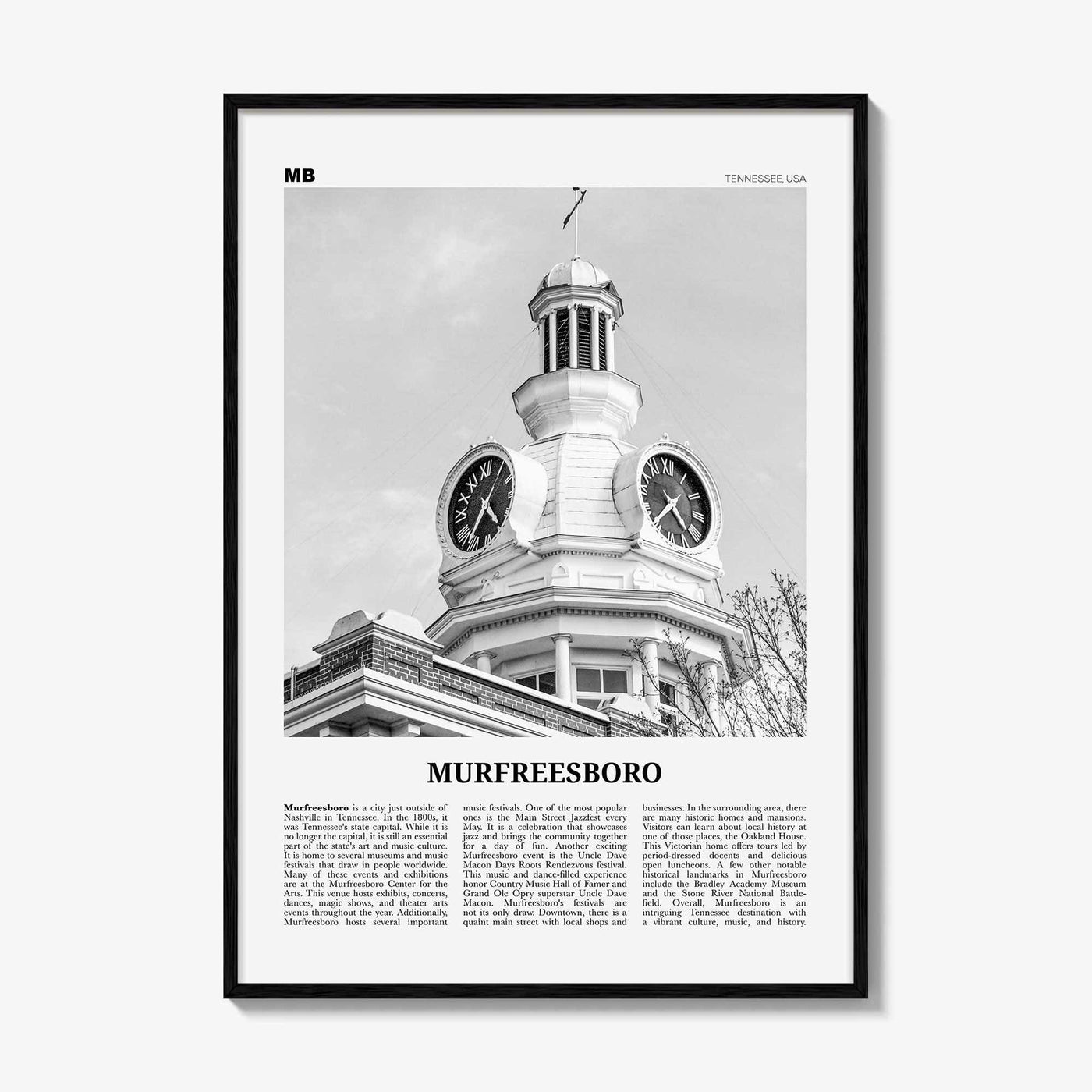 Murfreesboro Print Black and White, Murfreesboro Wall Art, Murfreesboro Poster, Murfreesboro Photo, Murfreesboro Map, Tennessee, USA