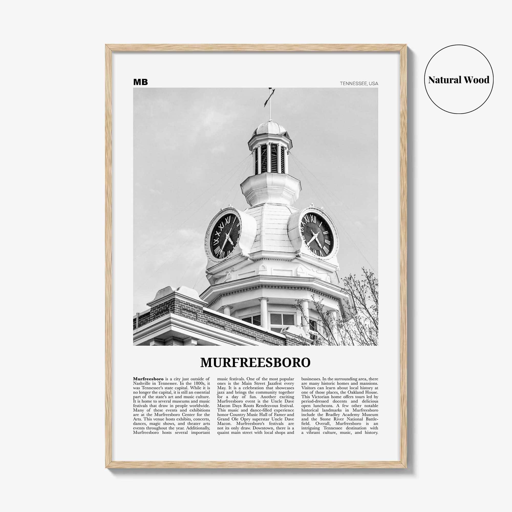 Murfreesboro Print Black and White, Murfreesboro Wall Art, Murfreesboro Poster, Murfreesboro Photo, Murfreesboro Map, Tennessee, USA