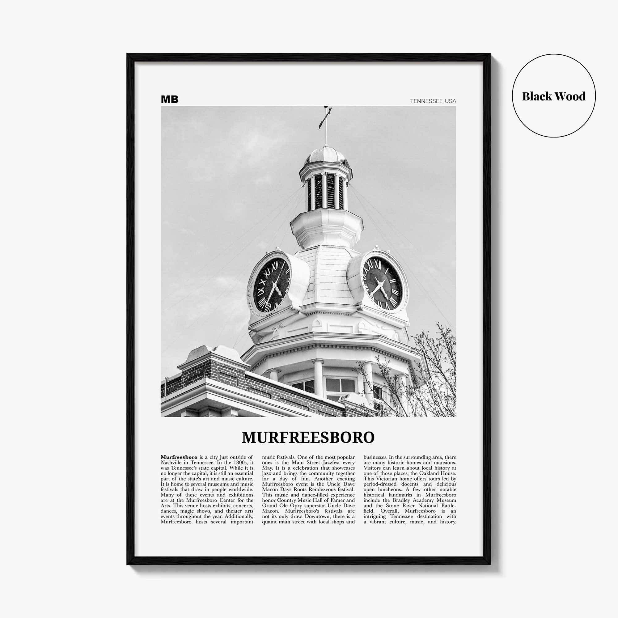 Murfreesboro Print Black and White, Murfreesboro Wall Art, Murfreesboro Poster, Murfreesboro Photo, Murfreesboro Map, Tennessee, USA